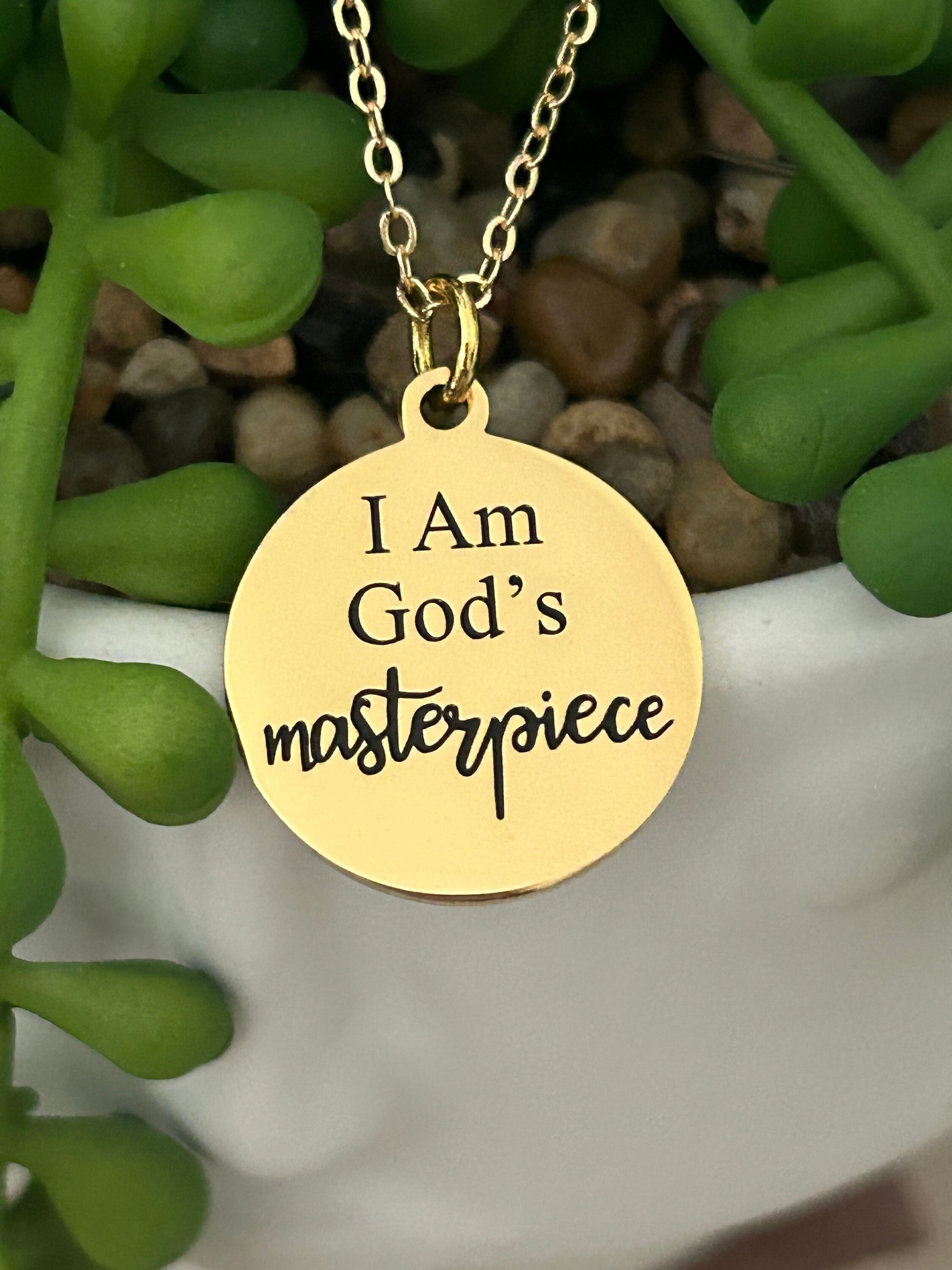 God's Masterpiece Necklace: Engraved Christian Gift, 14k Gold over Stainless Steel