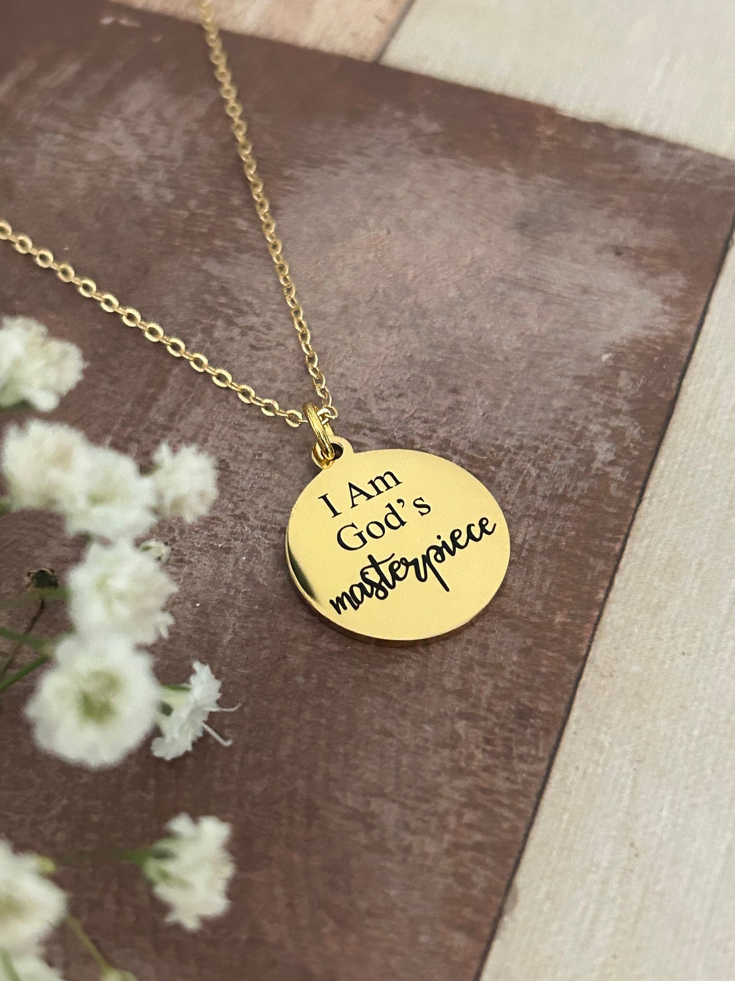 God's Masterpiece Necklace: Engraved Christian Gift, 14k Gold over Stainless Steel