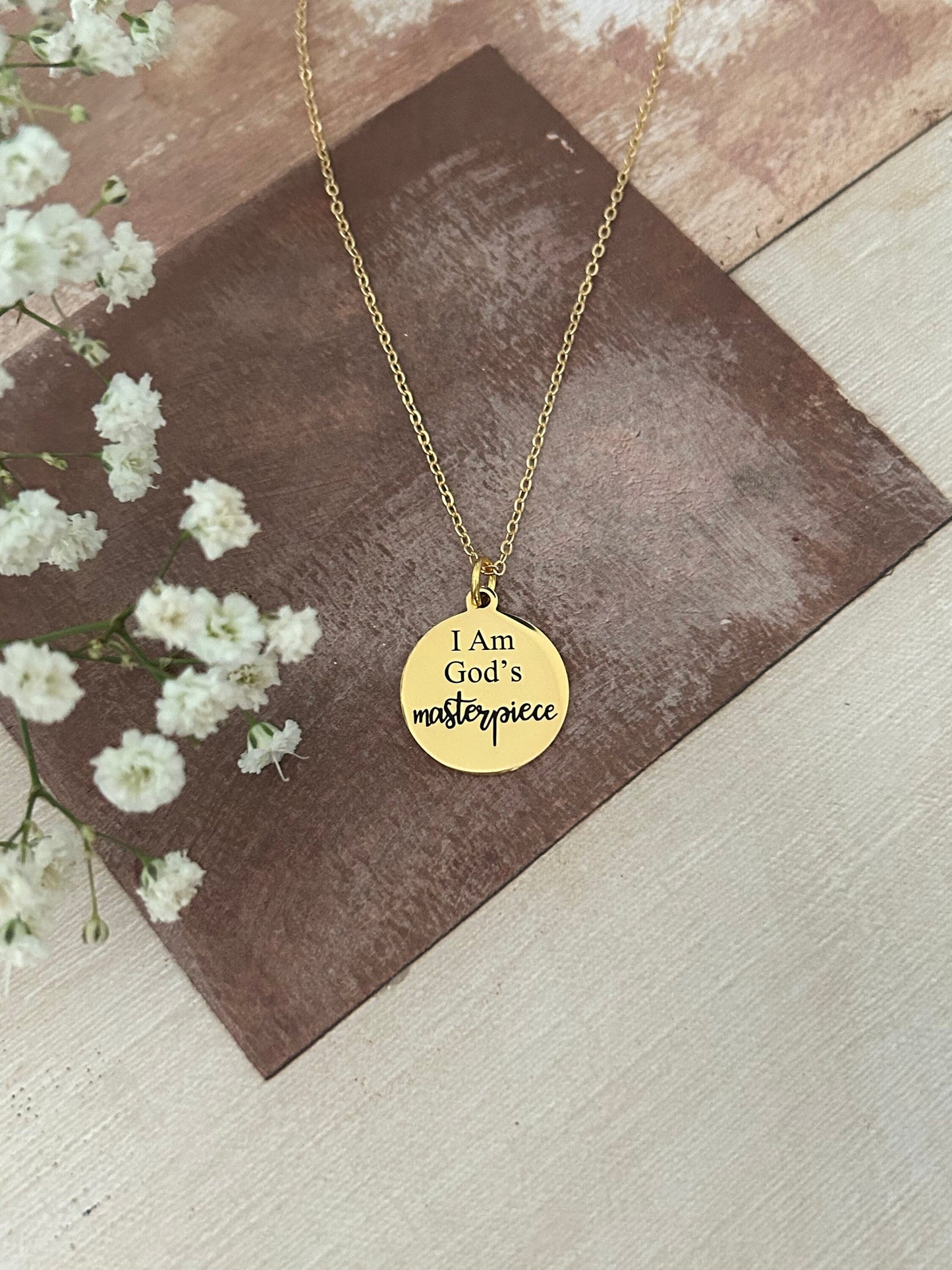 God's Masterpiece Necklace: Engraved Christian Gift, 14k Gold over Stainless Steel