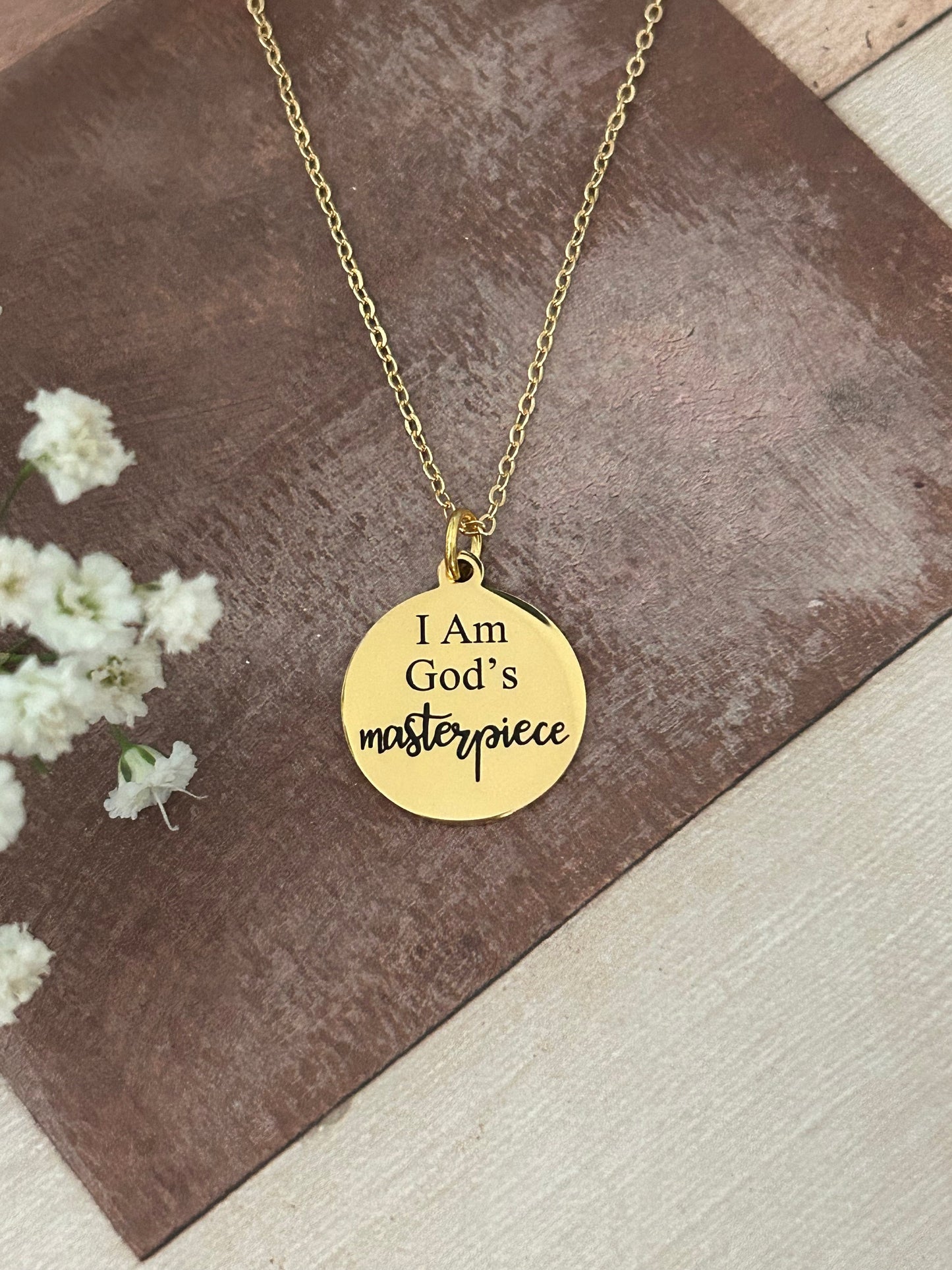 God's Masterpiece Necklace: Engraved Christian Gift, 14k Gold over Stainless Steel