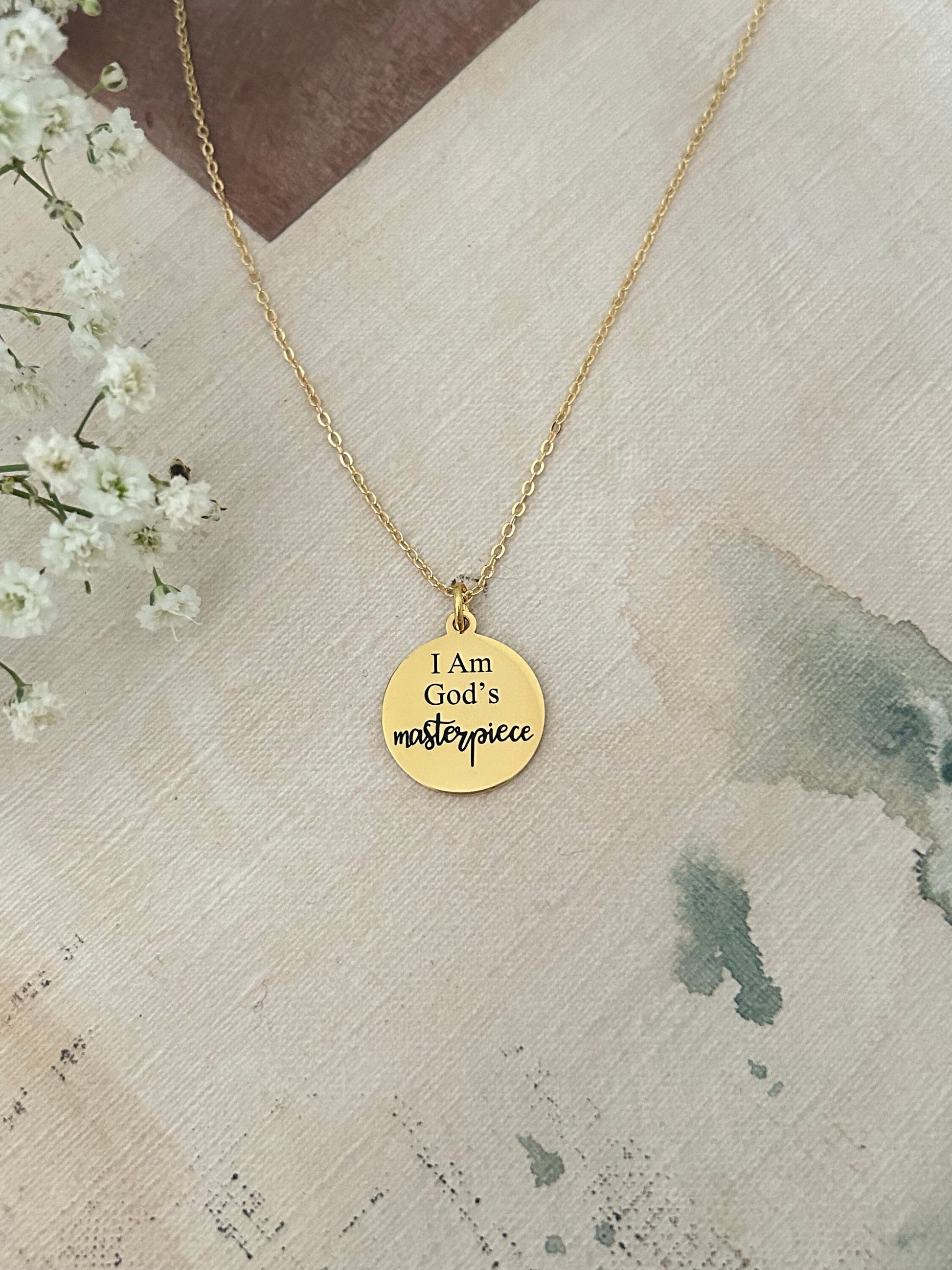 God's Masterpiece Necklace: Engraved Christian Gift, 14k Gold over Stainless Steel