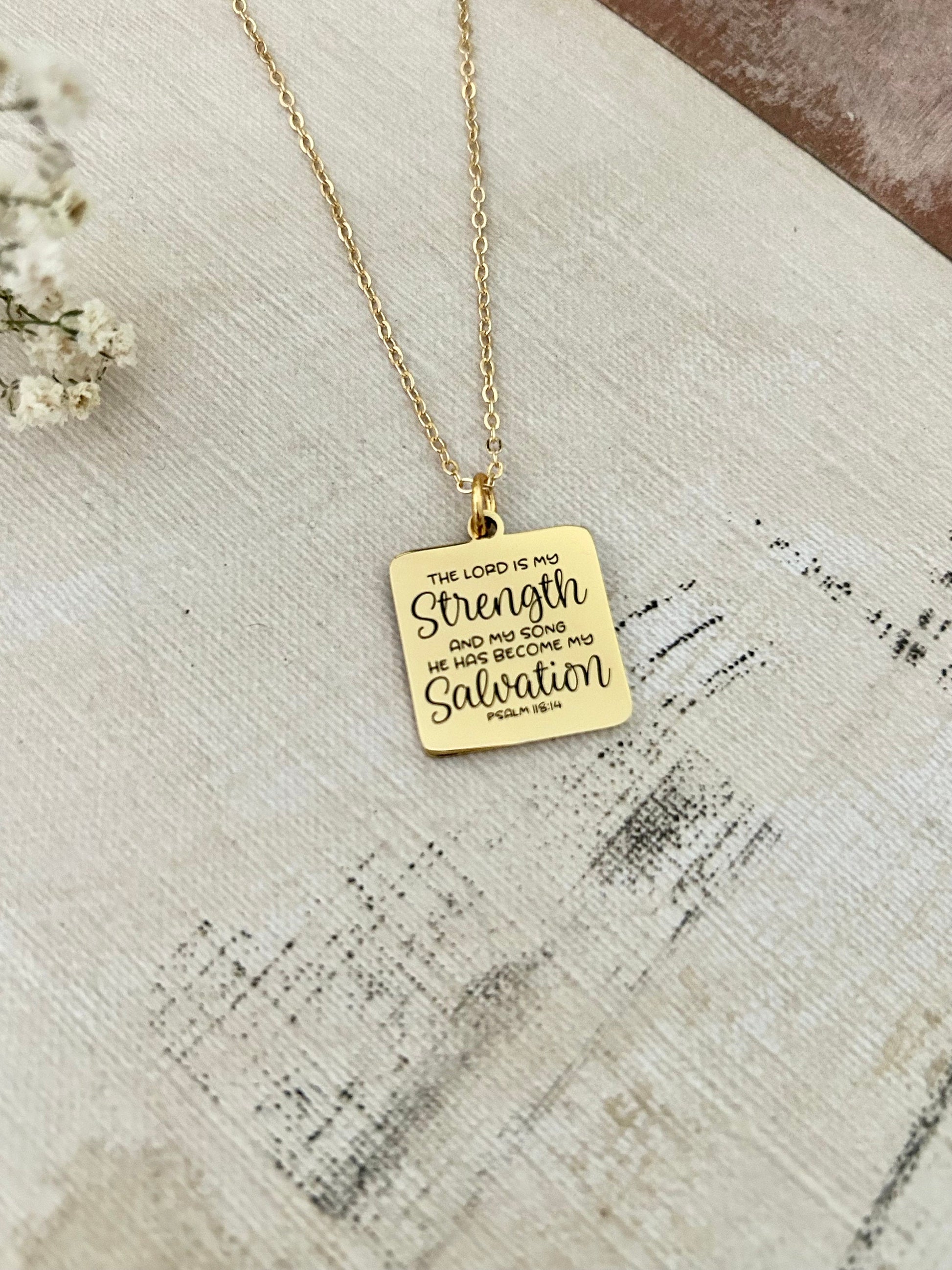 The Lord is My Strength Bible Verse Necklace, Psalm 118:14, Christian Gifts, Scripture Jewelry, Motivational Gifts, Prayer Necklace