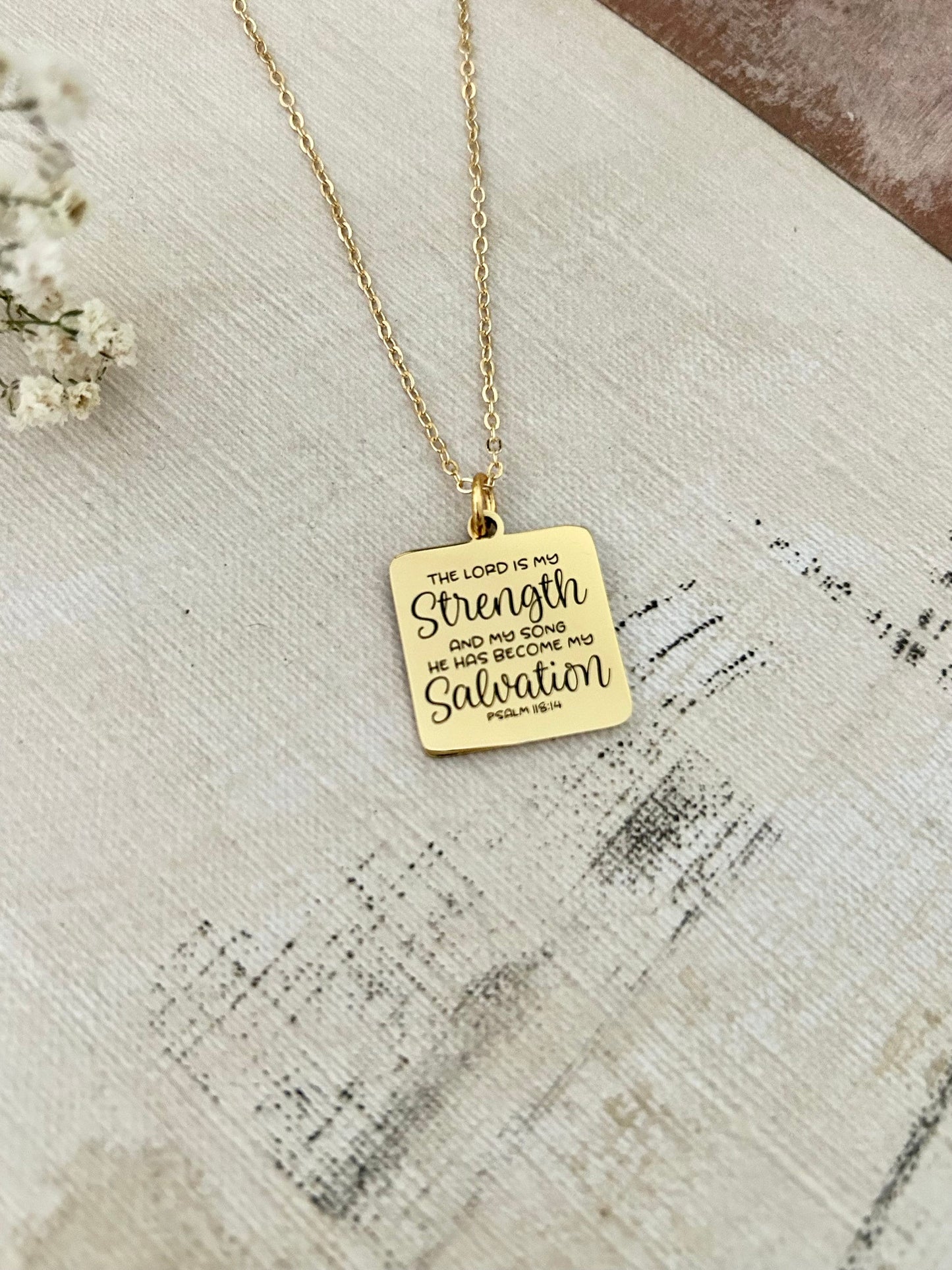 The Lord is My Strength Bible Verse Necklace, Psalm 118:14, Christian Faith Gifts, Scripture Jewelry, Mothers Day Gift, Prayer Necklace