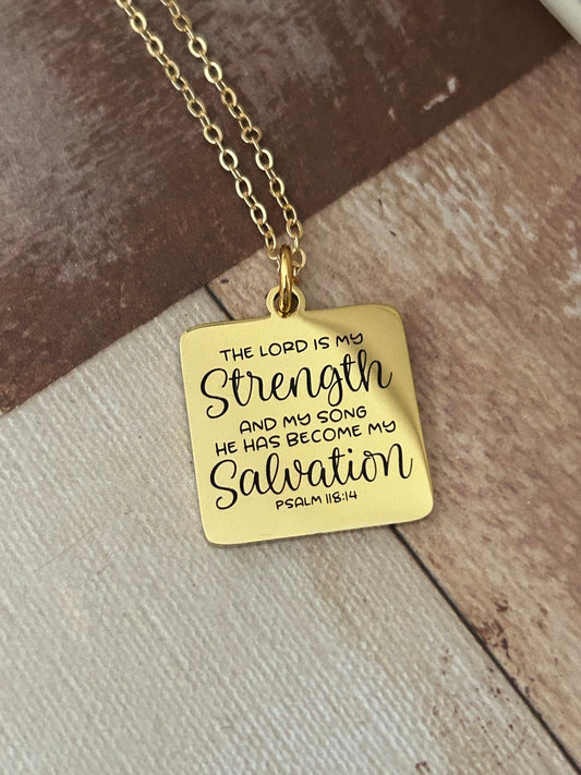 The Lord is My Strength Bible Verse Necklace, Psalm 118:14, Christian Gifts, Scripture Jewelry, Motivational Gifts, Prayer Necklace