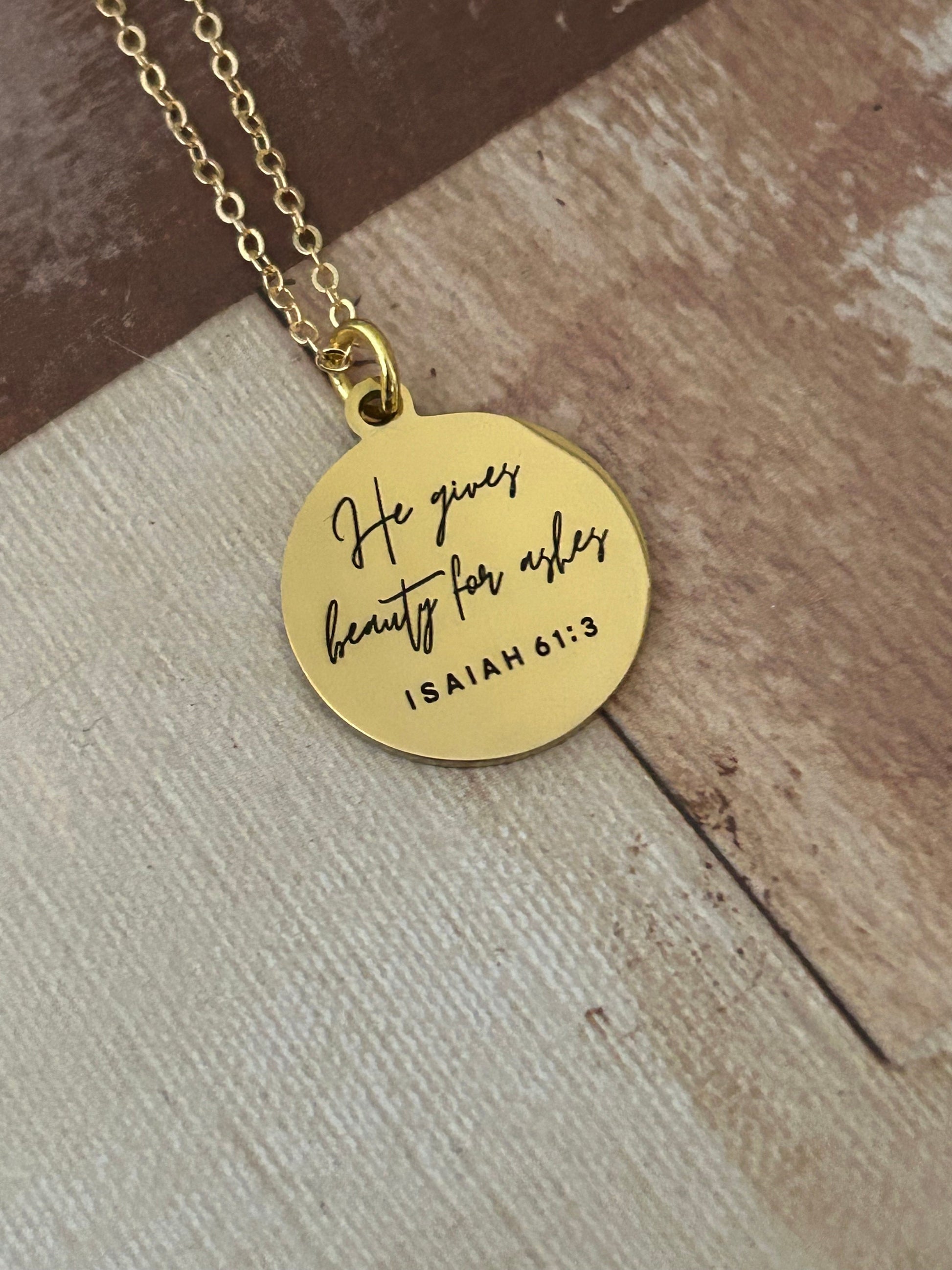 He gives Beauty for ashes bible verse Necklace, 16K Gold plated, Scripture Jewelry, Christian Gifts, Isaiah 61:3, Faith Charms, Gift for Mom