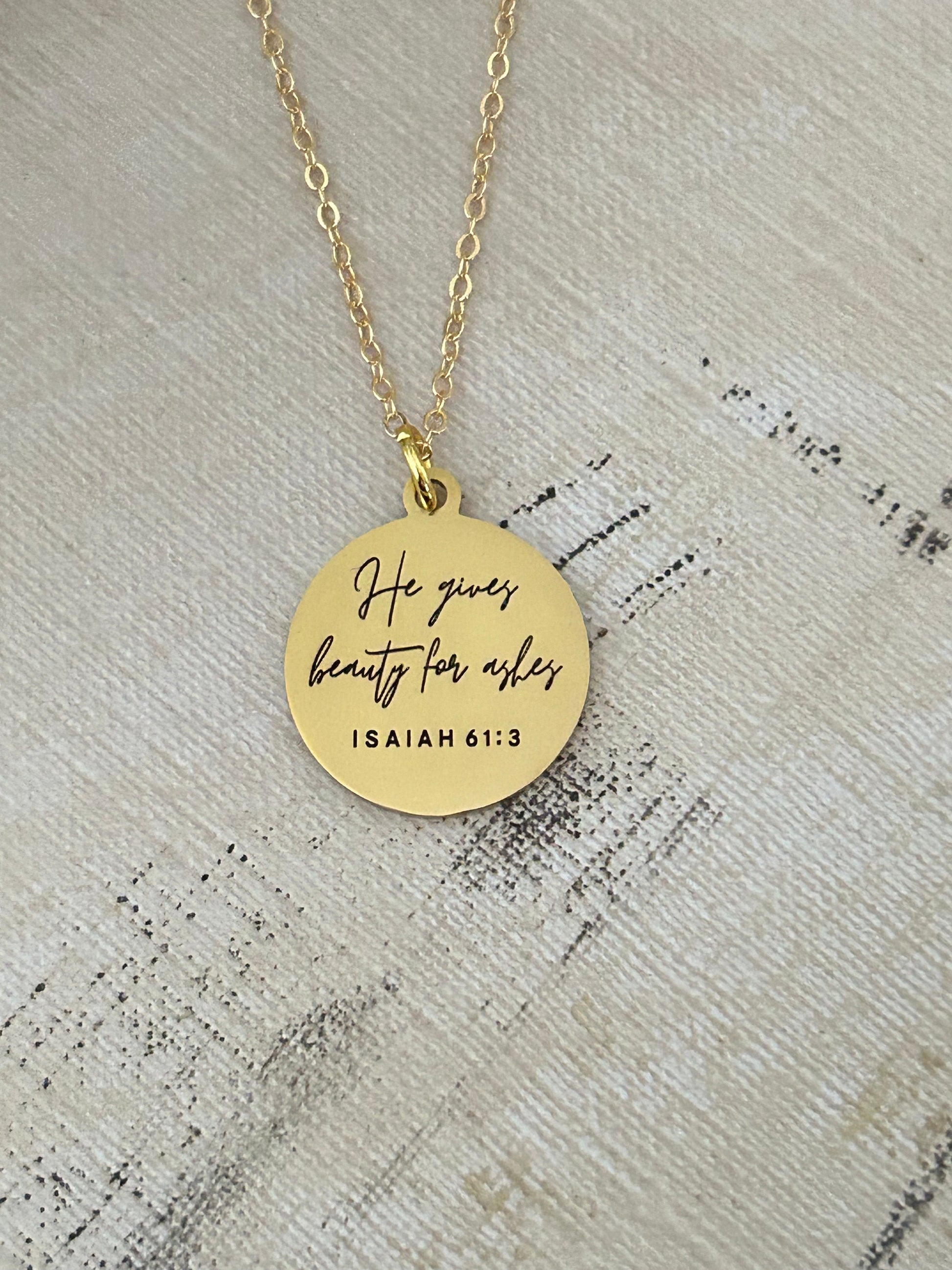 Beauty for ashes bible verse Necklace, 16K Gold plated, Scripture Jewelry, Christian Gifts, Isaiah 61:3, Faith Charms, Gift for Mom, Baptism