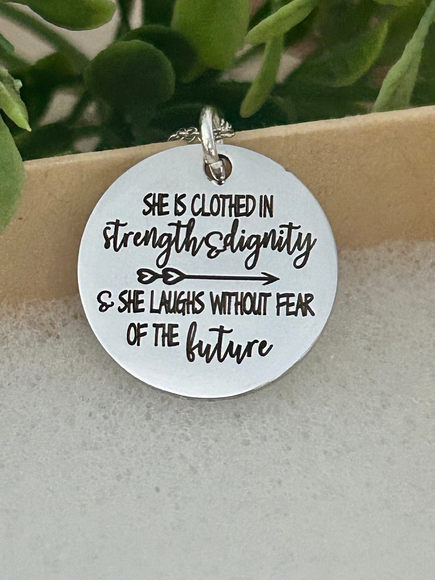 She is clothed in strength and Dignity Bible Verse Necklace, Proverbs 31:25, Christian Gifts Jewelry, Scripture Quote Charm, Motivational