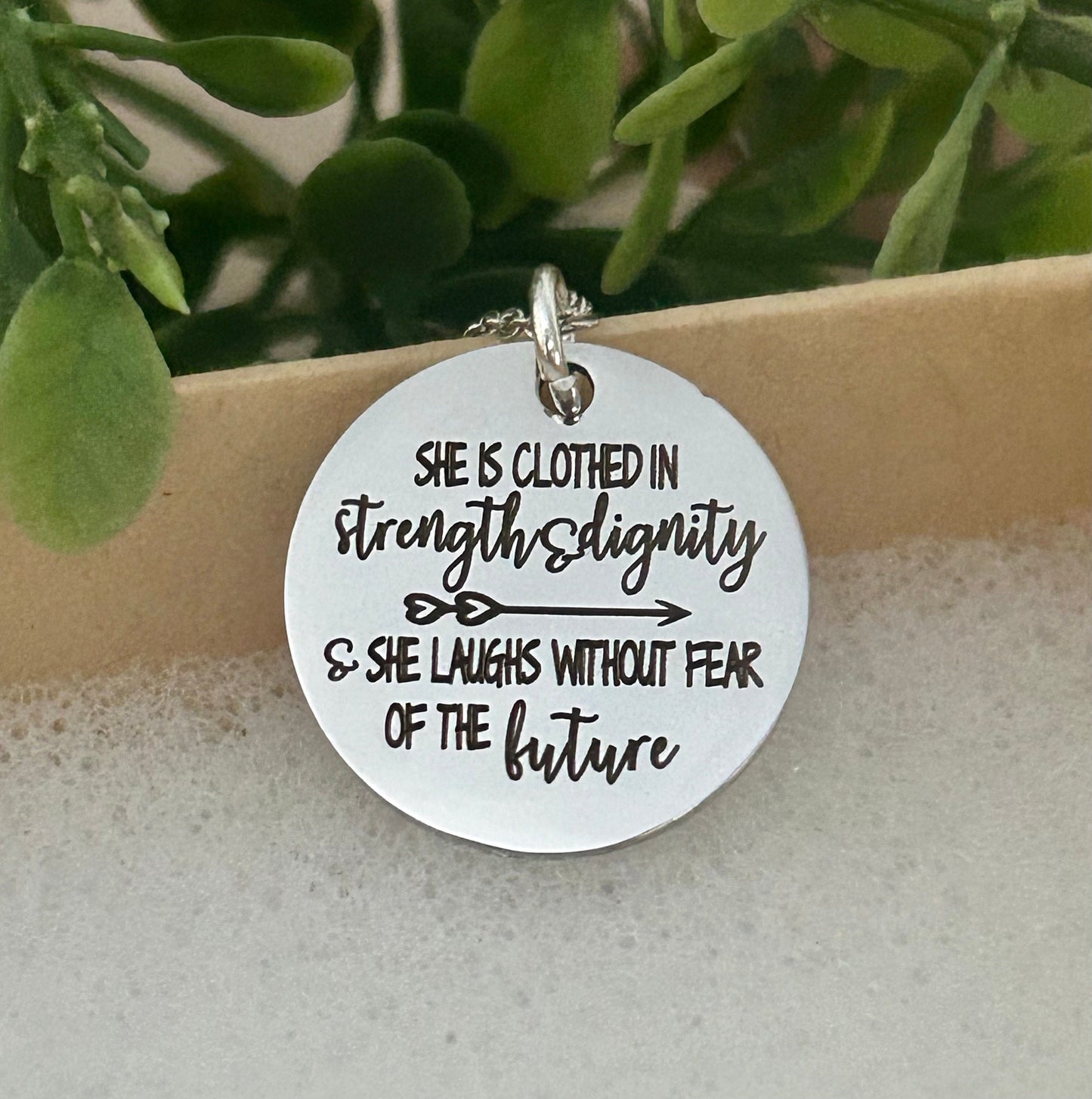 She is clothed in strength and Dignity Bible Verse Necklace, Proverbs 31:25, Christian Gifts Jewelry, Scripture Quote Charm, Motivational