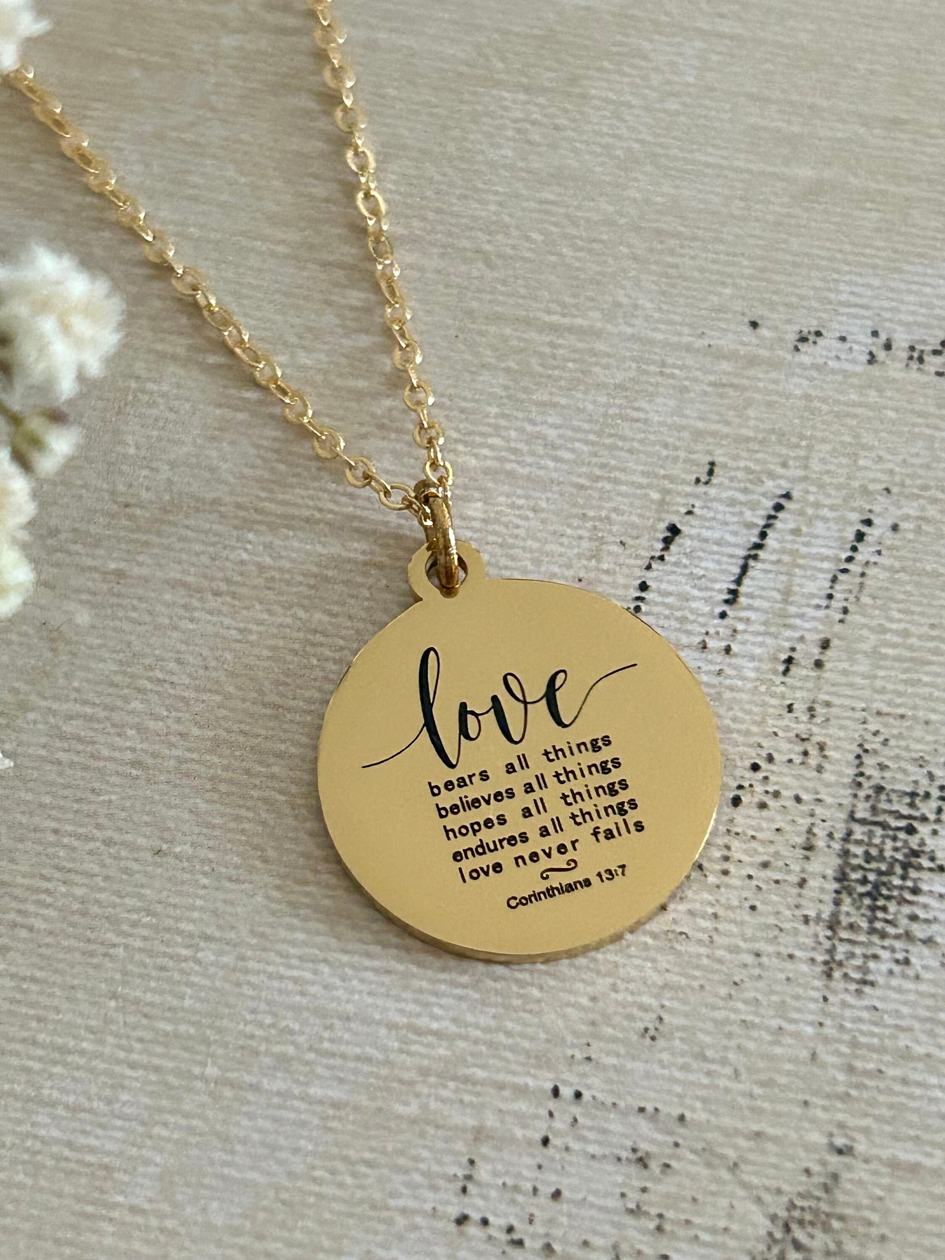 Love Never Fails Bible Verse Necklace, Christian Gifts, Scripture Necklace, Mothers Day Gift, Wedding Gift, Love Jewelry, Corinthians 13:7