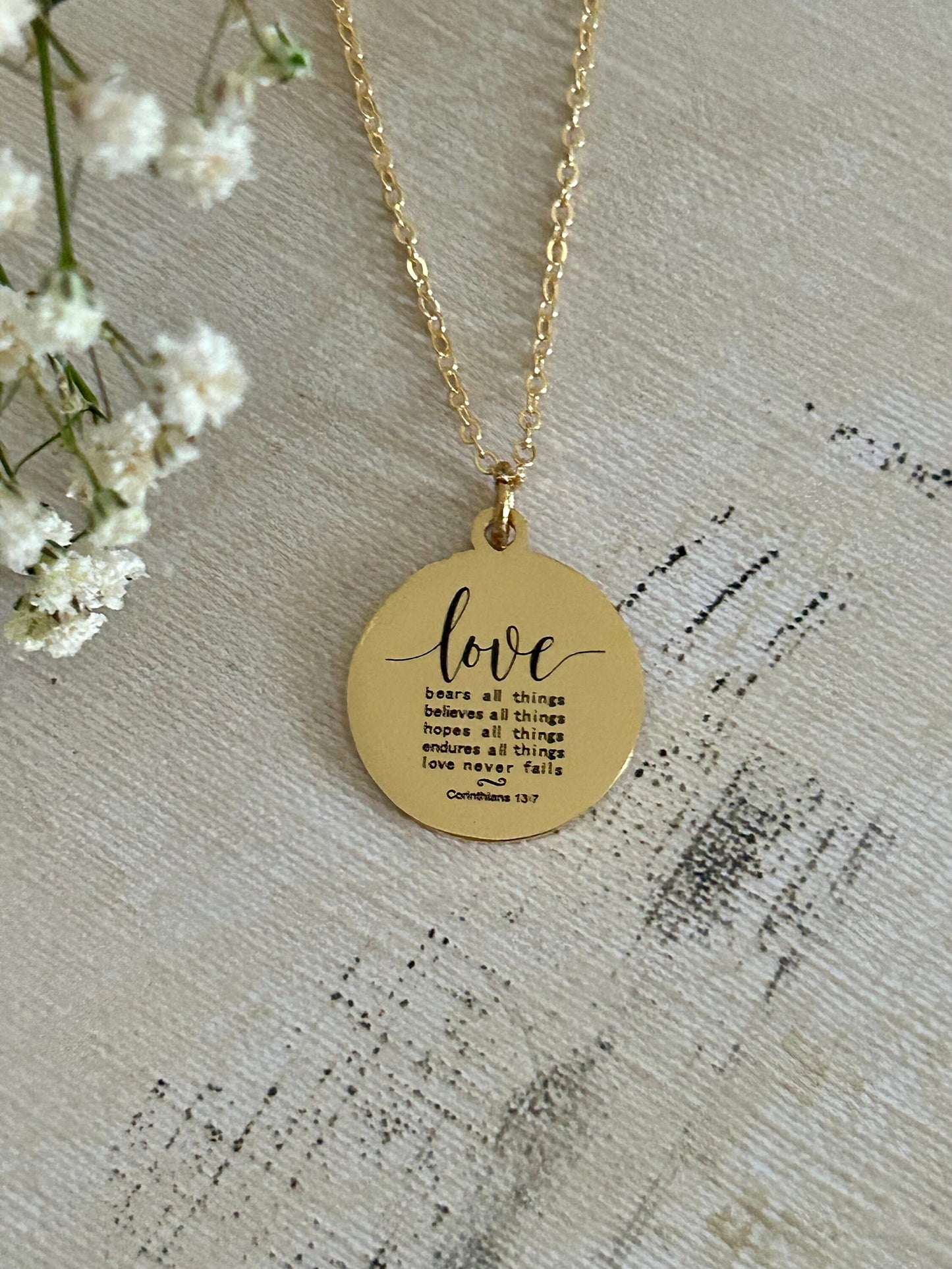 Love Never Fails Bible Verse Necklace, Christian Gifts, Scripture Necklace, Mothers Day Gift, Wedding Gift, Love Jewelry, Corinthians 13:7