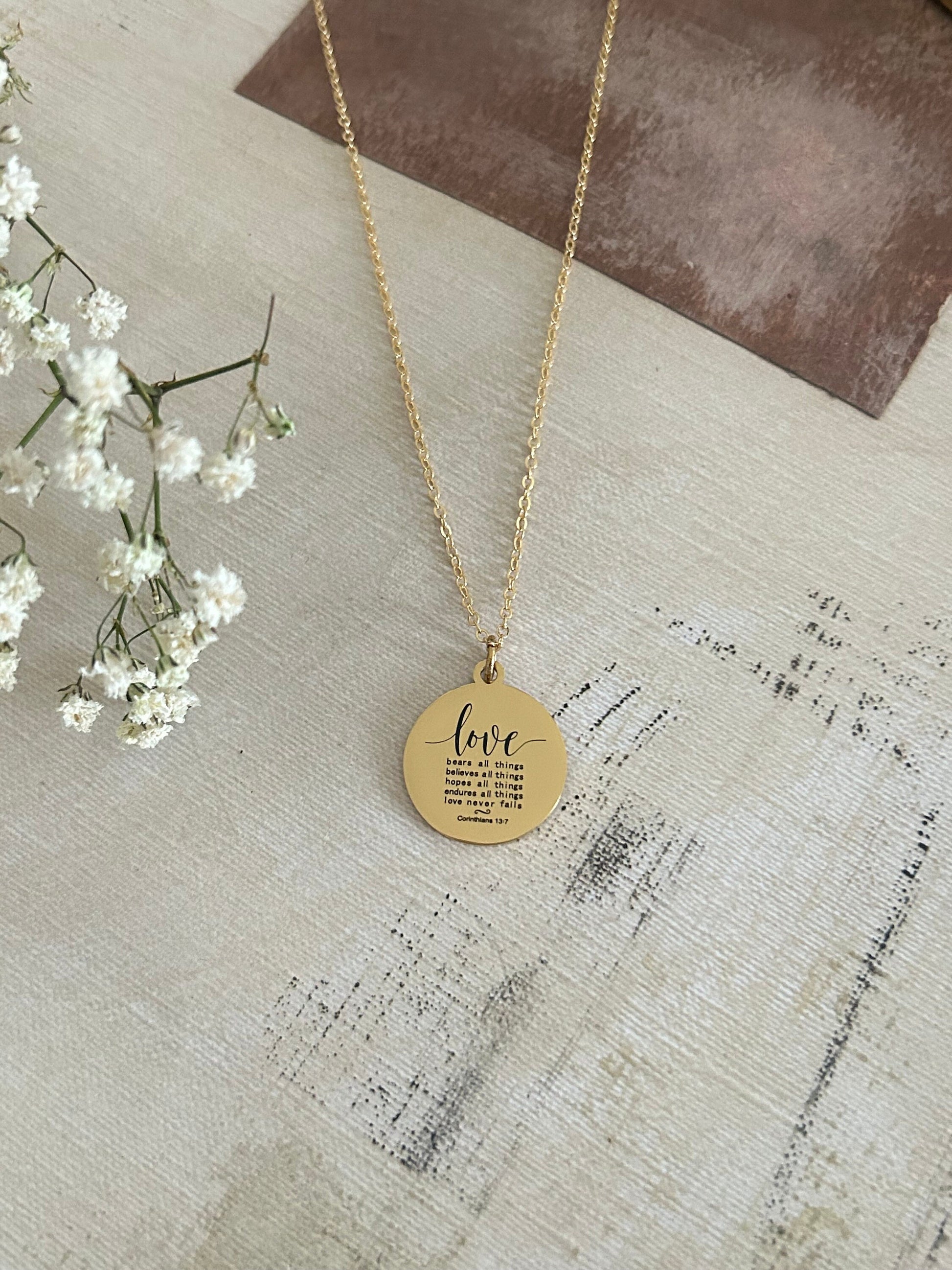 Love Never Fails Bible Verse Necklace, Christian Gifts, Scripture Necklace, Mothers Day Gift, Wedding Gift, Love Jewelry, Corinthians 13:7