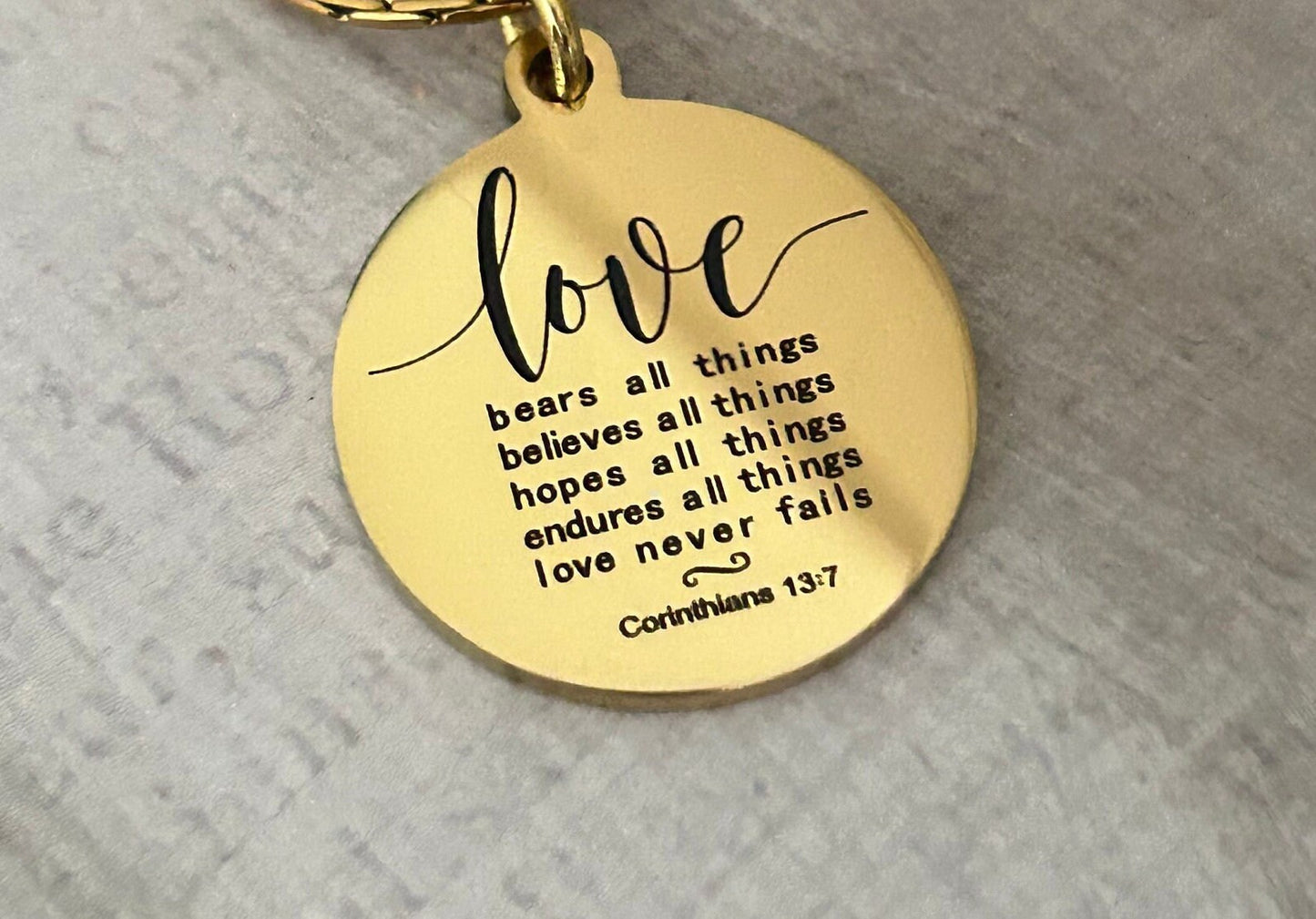 Love Never Fails Bible Verse Necklace, Christian Gifts, Scripture Necklace, Mothers Day Gift, Wedding Gift, Love Jewelry, Corinthians 13:7