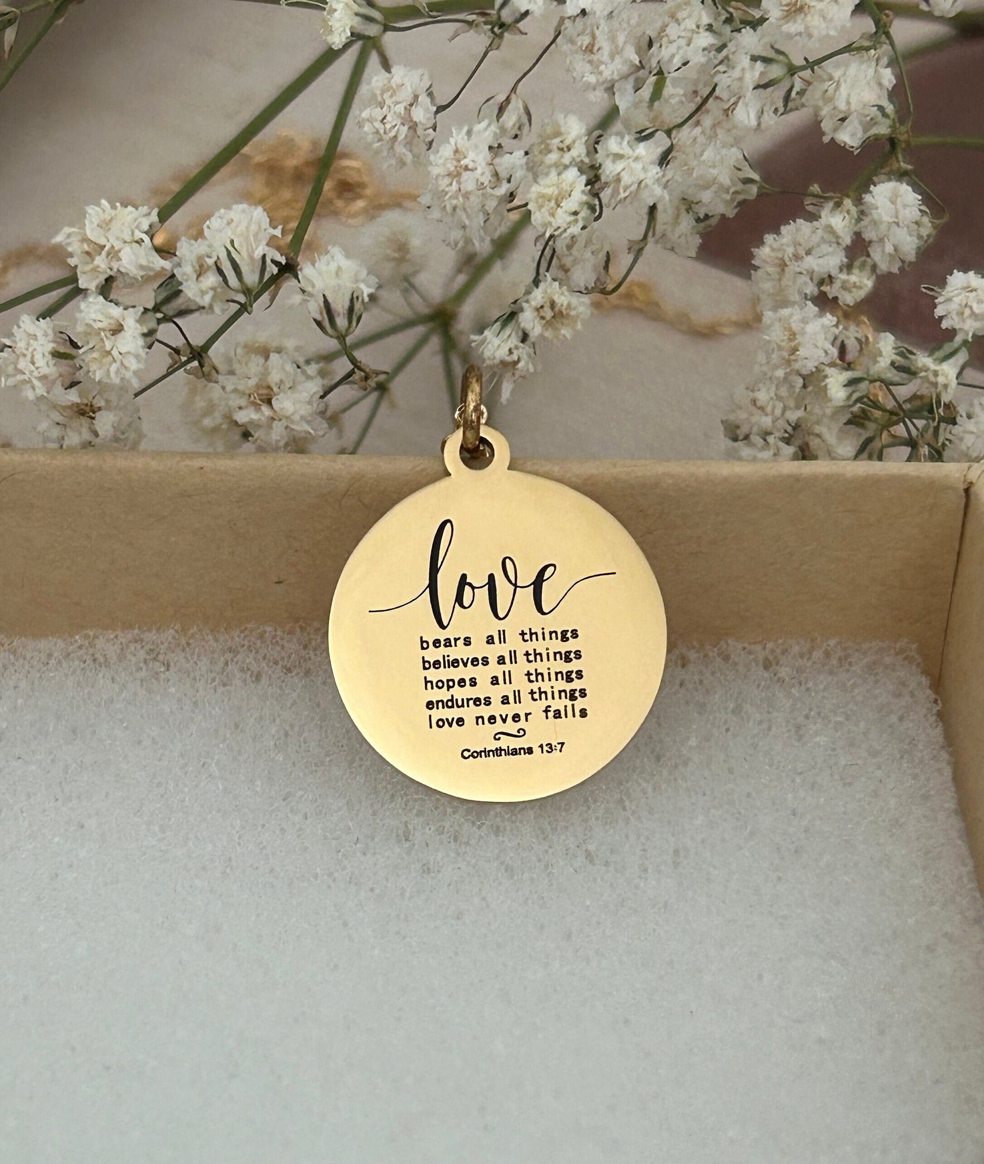 Love Never Fails Bible Verse Necklace, Christian Gifts, Scripture Necklace, Mothers Day Gift, Wedding Gift, Love Jewelry, Corinthians 13:7