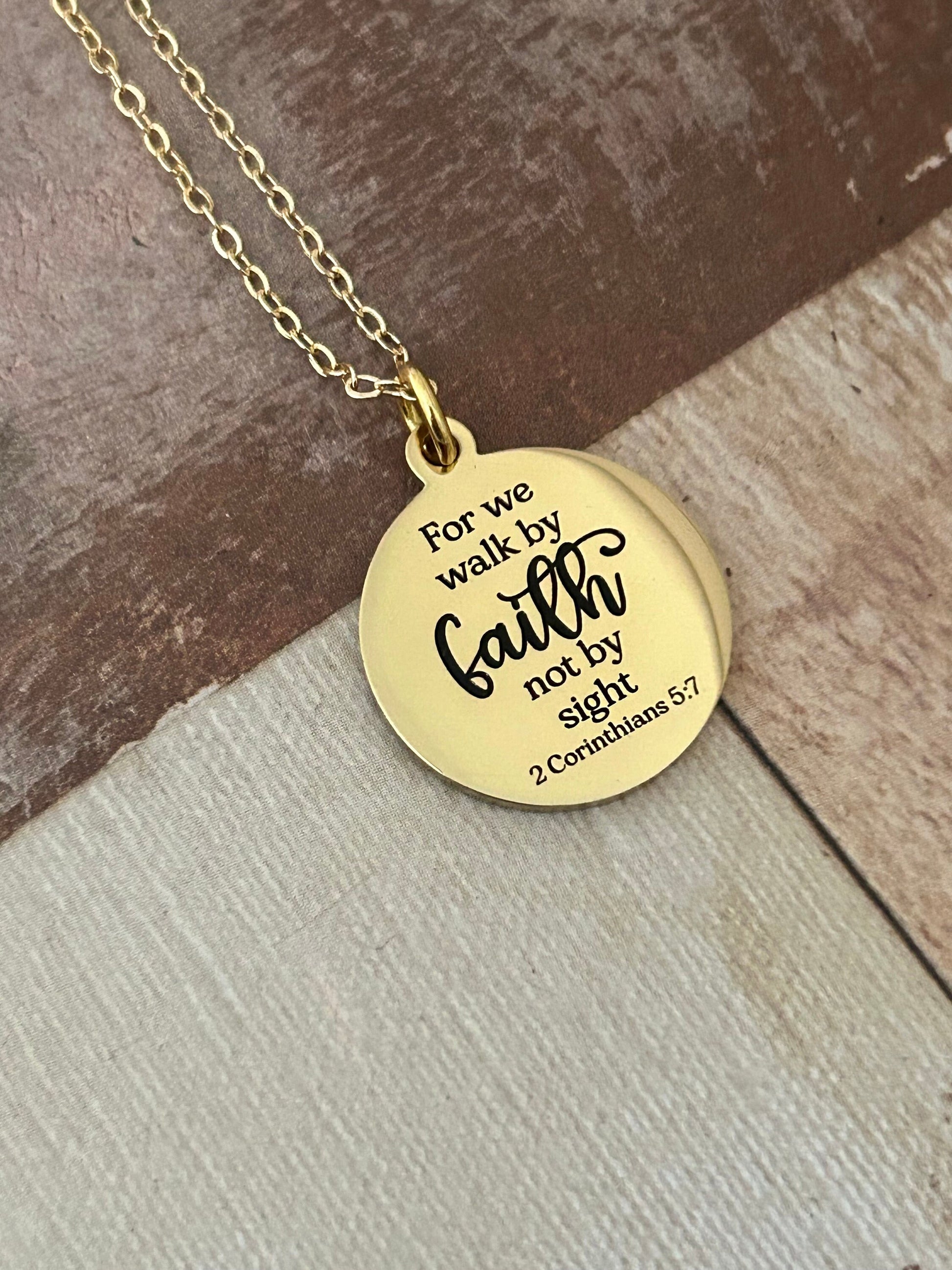 For we walk by faith not by sight Bible Verse Necklace, Christian Gifts, Scripture Jewelry, Engraved Faith Charm, Baptism Gift, Gift for Mom