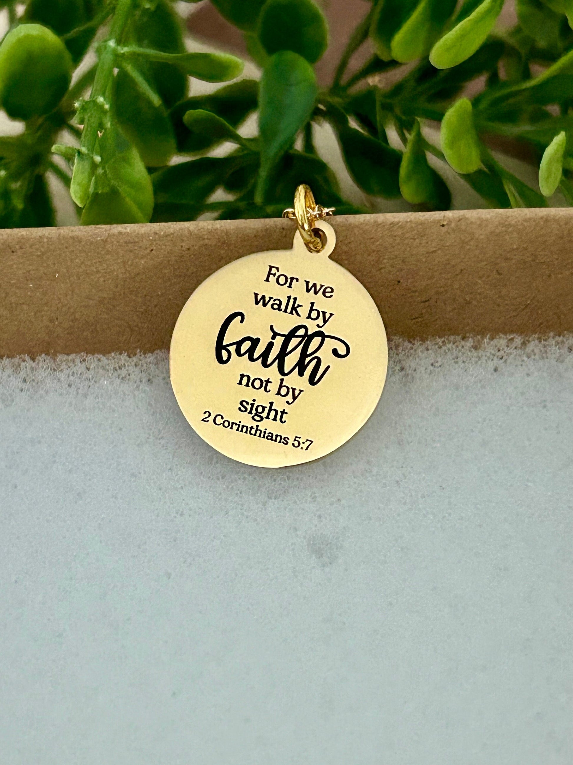 For we walk by faith not by sight Bible Verse Necklace, Christian Gifts, Scripture Jewelry, Engraved Faith Charm, Baptism Gift, Gift for Mom