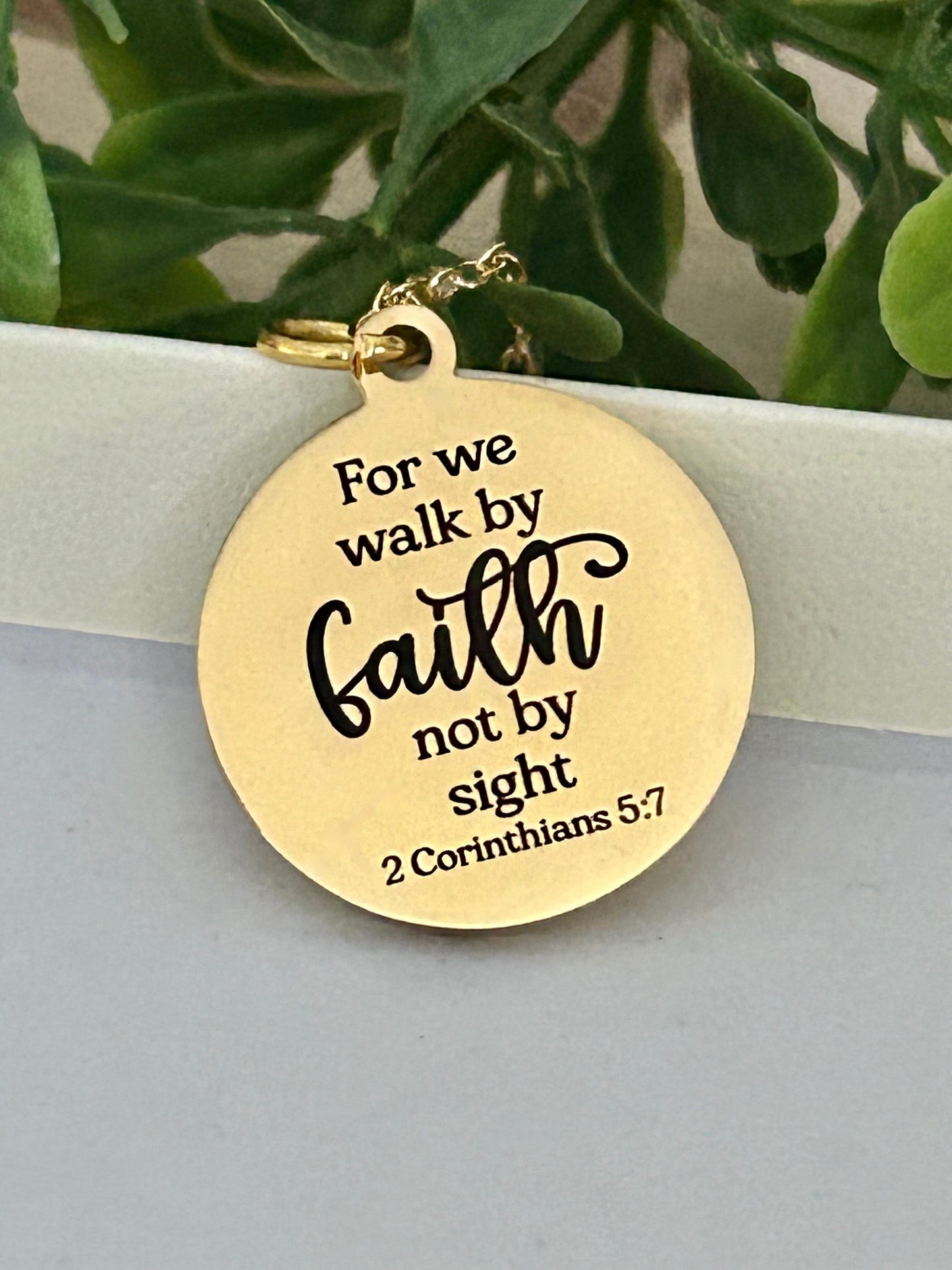 For we walk by faith not by sight Bible Verse Necklace, Christian Gifts, Scripture Jewelry, Engraved Faith Charm, Baptism Gift, Gift for Mom