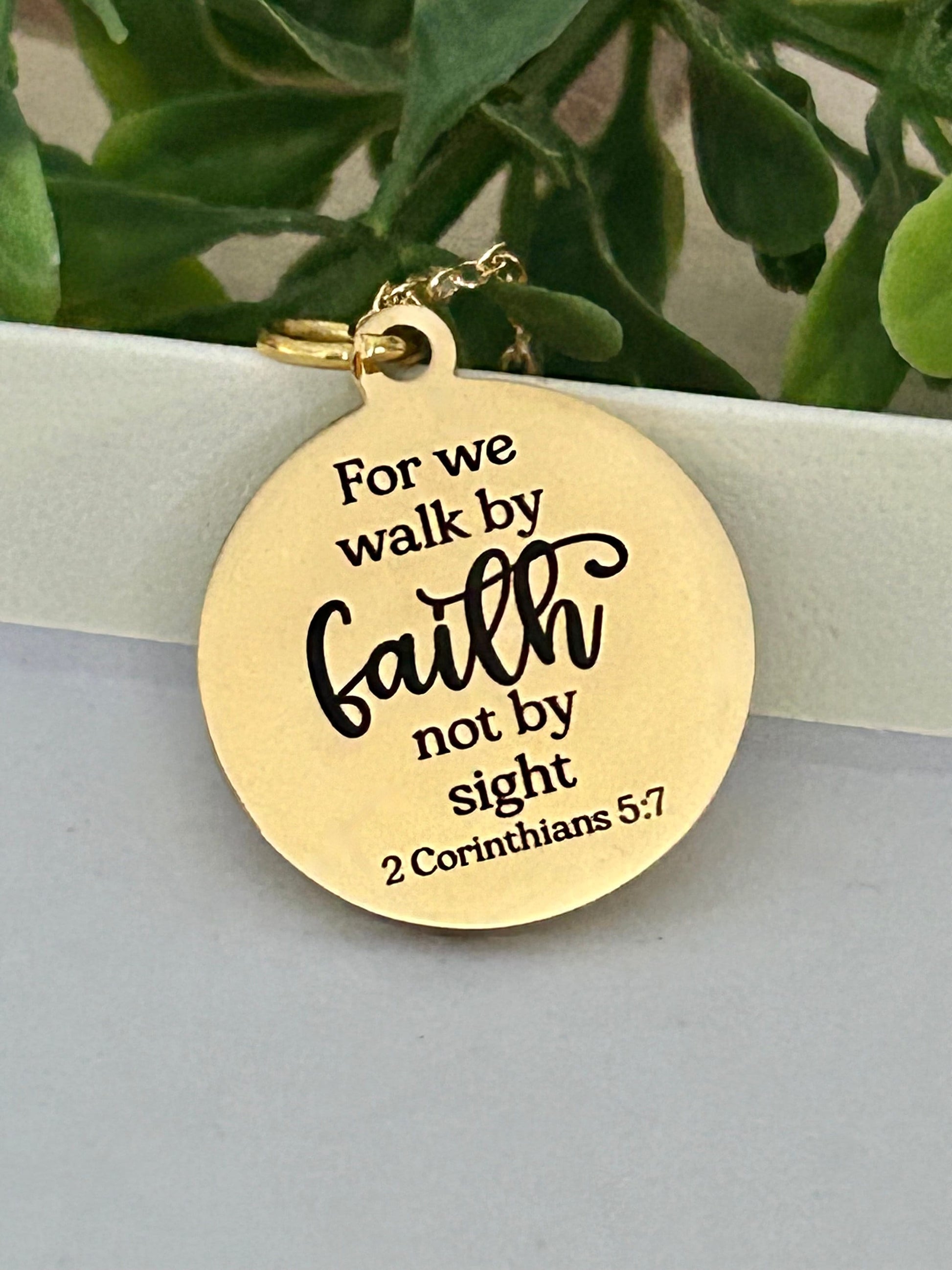 For we walk by faith not by sight Bible Verse Necklace, Christian Gifts, Scripture Jewelry, Engraved Faith Charm, Baptism Gift, Gift for Mom