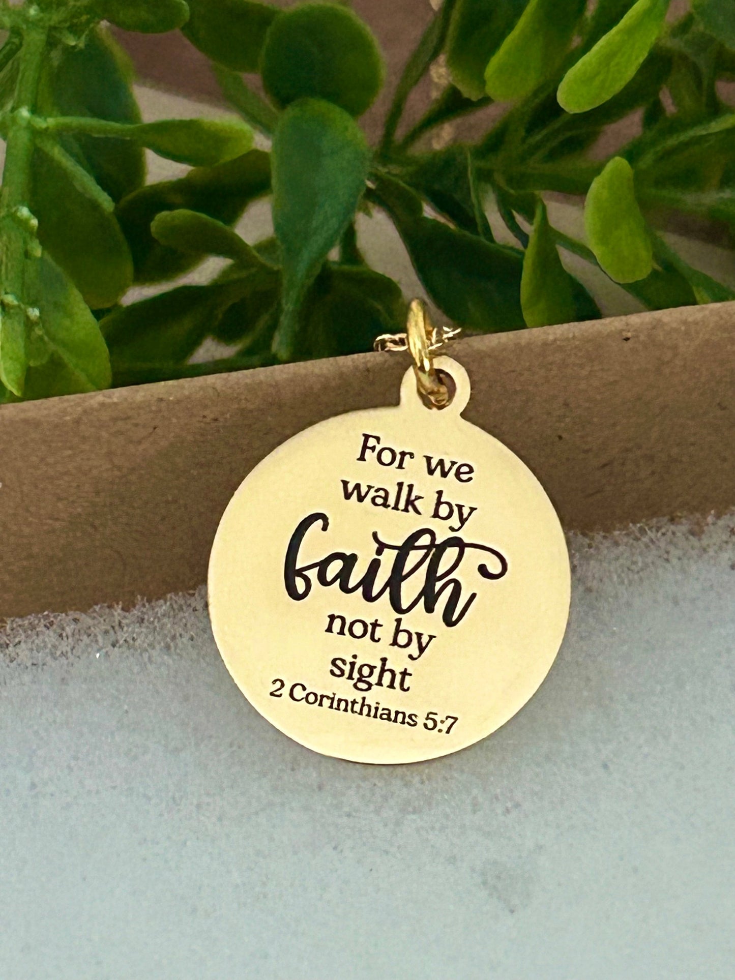 For we walk by faith not by sight Bible Verse Necklace, Christian Gifts, Scripture Jewelry, Engraved Faith Charm, Baptism Gift, Gift for Mom