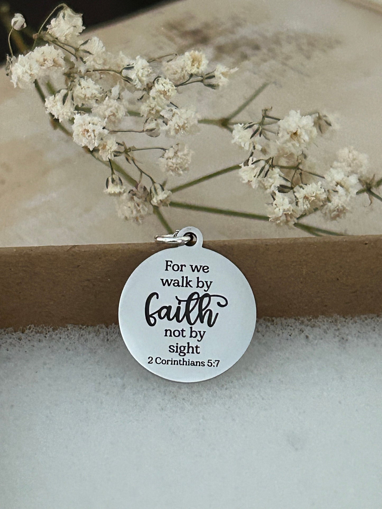 For we walk by faith not by sight Bible Verse Necklace, Christian Gifts, Scripture Jewelry, Engraved Faith Charm, Baptism Gift, Gift for Mom