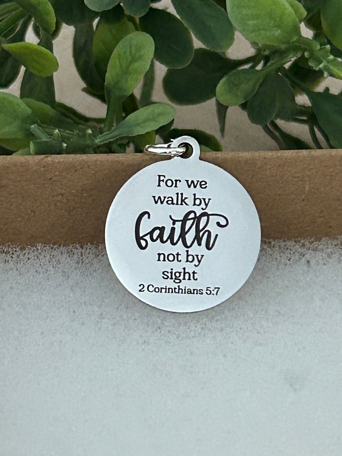 For we walk by faith not by sight Bible Verse Necklace, Christian Gifts, Scripture Jewelry, Engraved Faith Charm, Baptism Gift, Gift for Mom