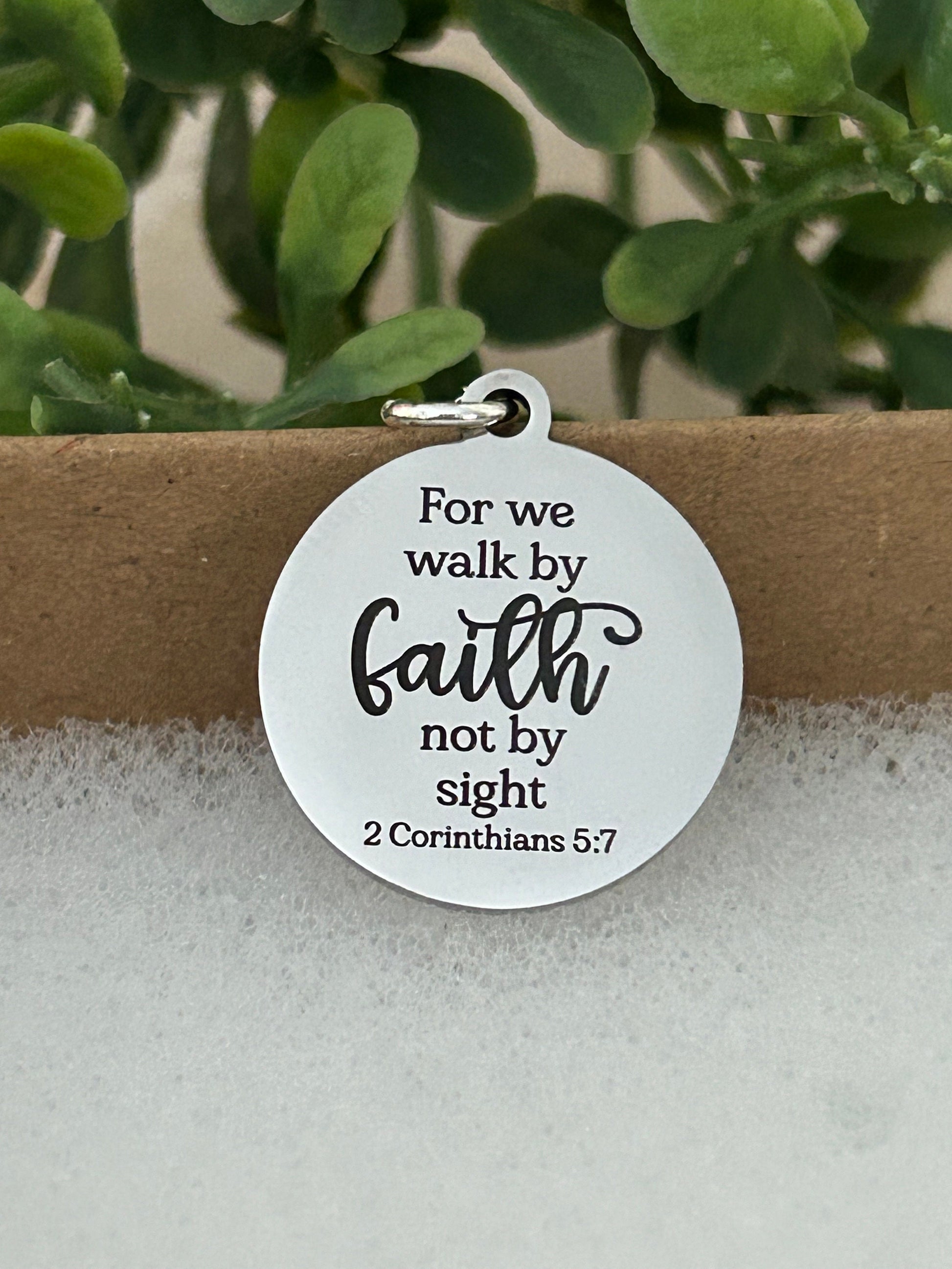 For we walk by faith not by sight Bible Verse Necklace, Christian Gifts, Scripture Jewelry, Engraved Faith Charm, Baptism Gift, Gift for Mom