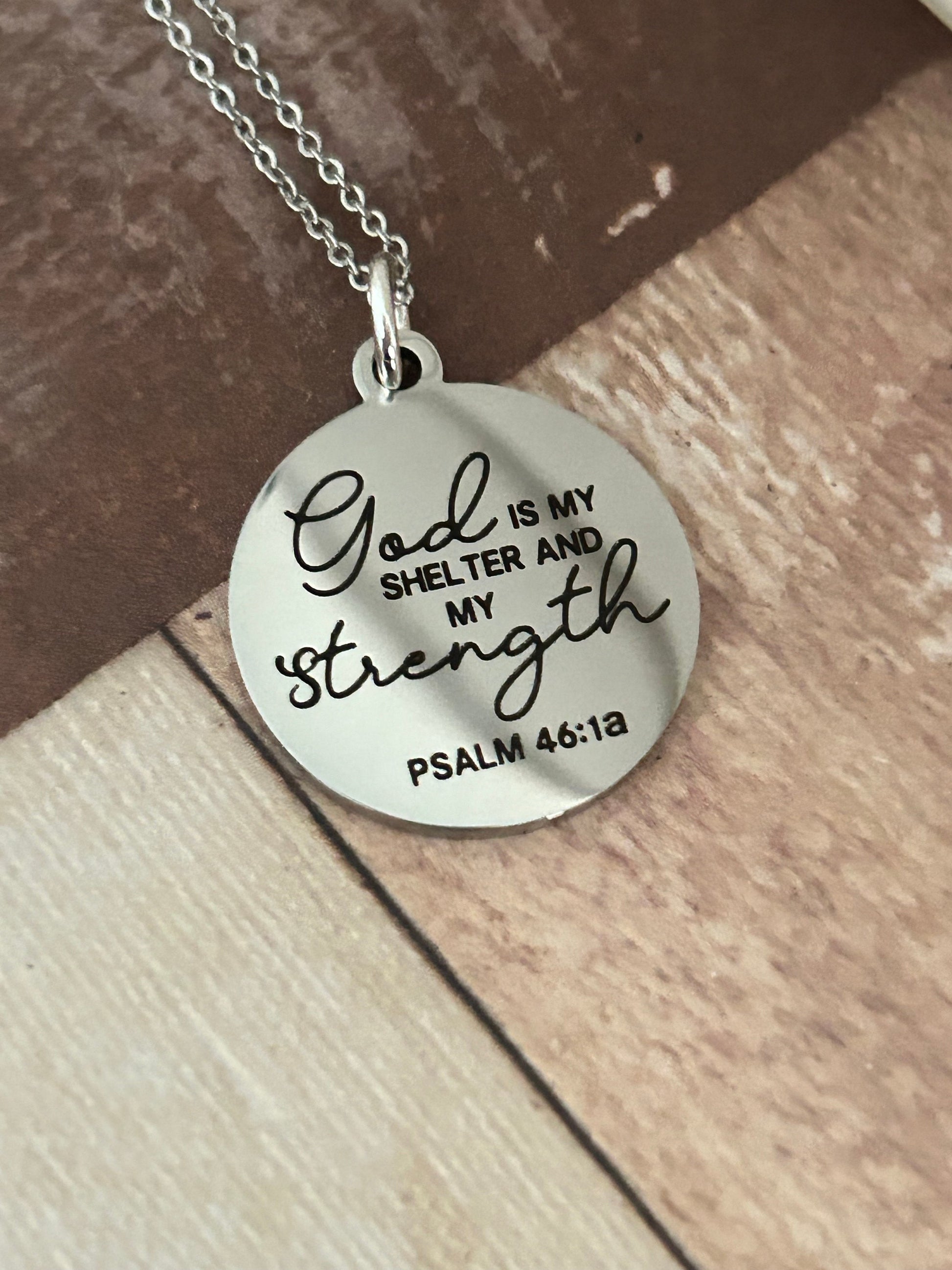 God is My Shelter and my Strength Bible Verse silver Necklace, Psalm 46:1, Christian Jewelry Gifts, Scripture Personalized engraved Necklace