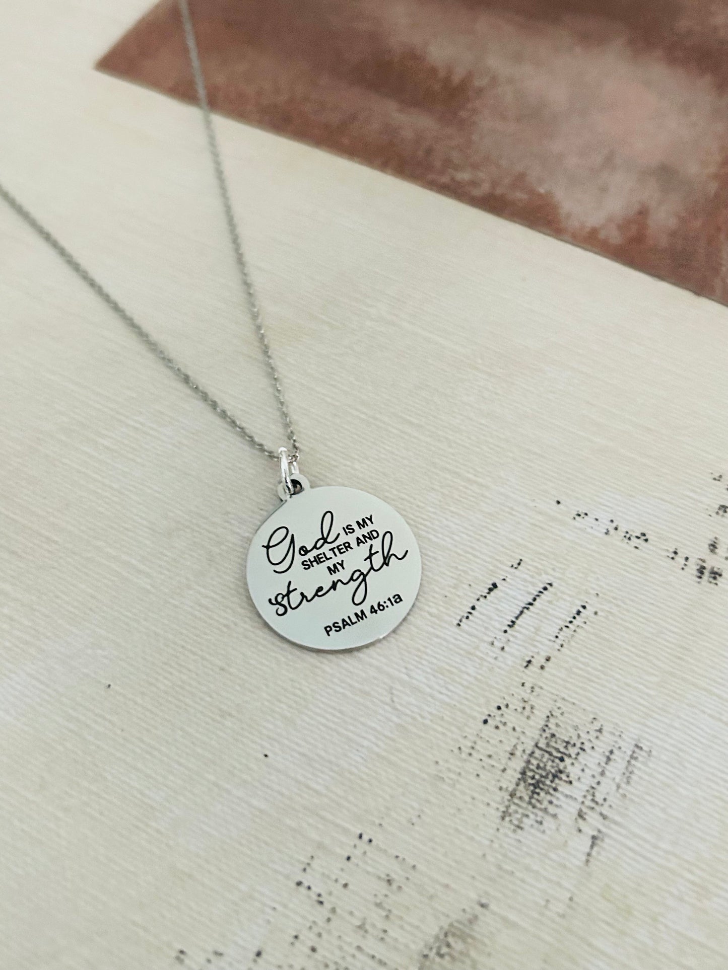 God is My Shelter and my Strength Bible Verse silver Necklace, Psalm 46:1, Christian Jewelry Gifts, Scripture Personalized engraved Necklace