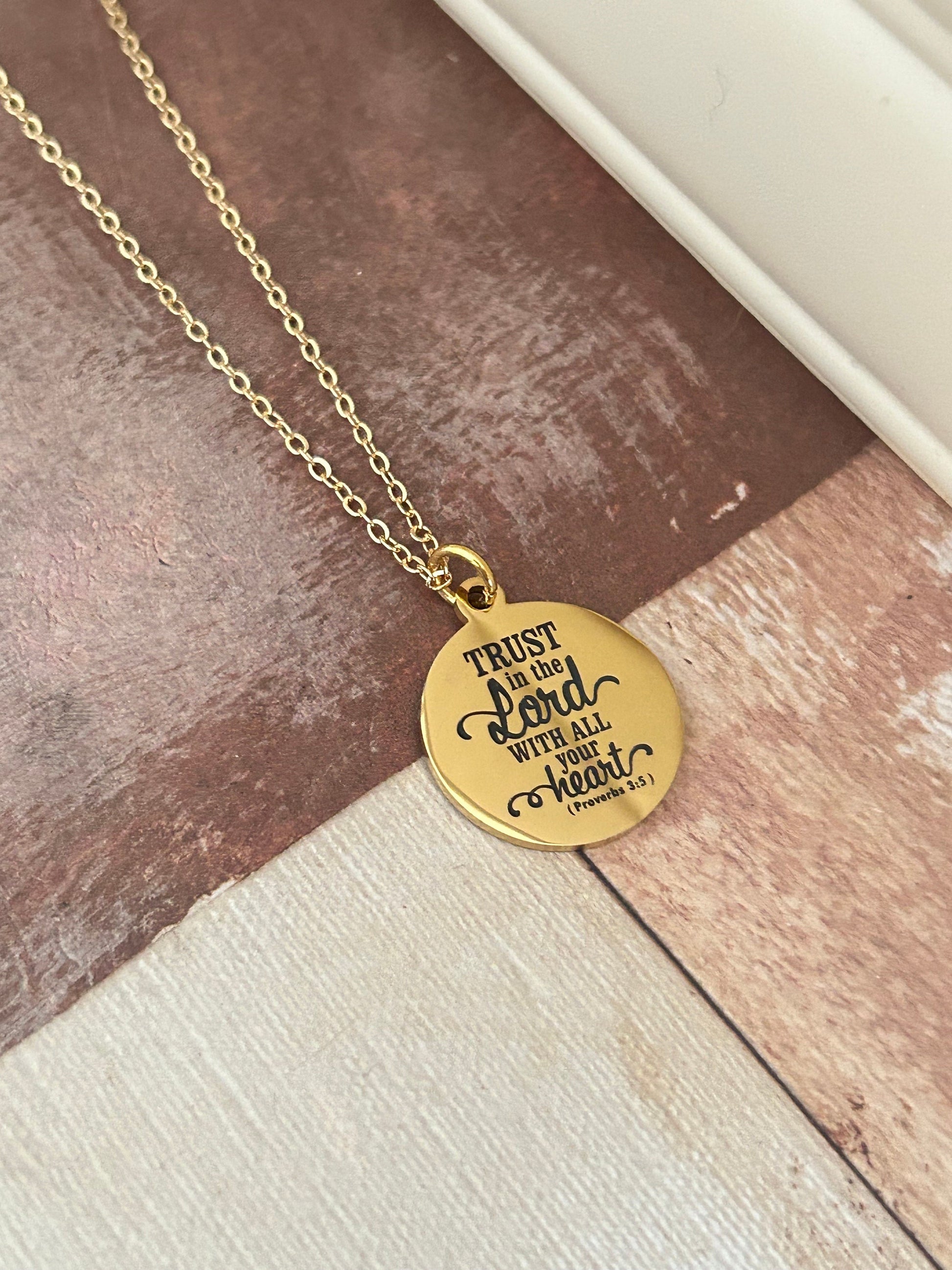 Trust in The Lord Gold Bible Verse Necklace, Proverbs 3:5, Christian Gifts, Scripture Jewelry, Gifts for Mom, Baptism, Motivational Gifts