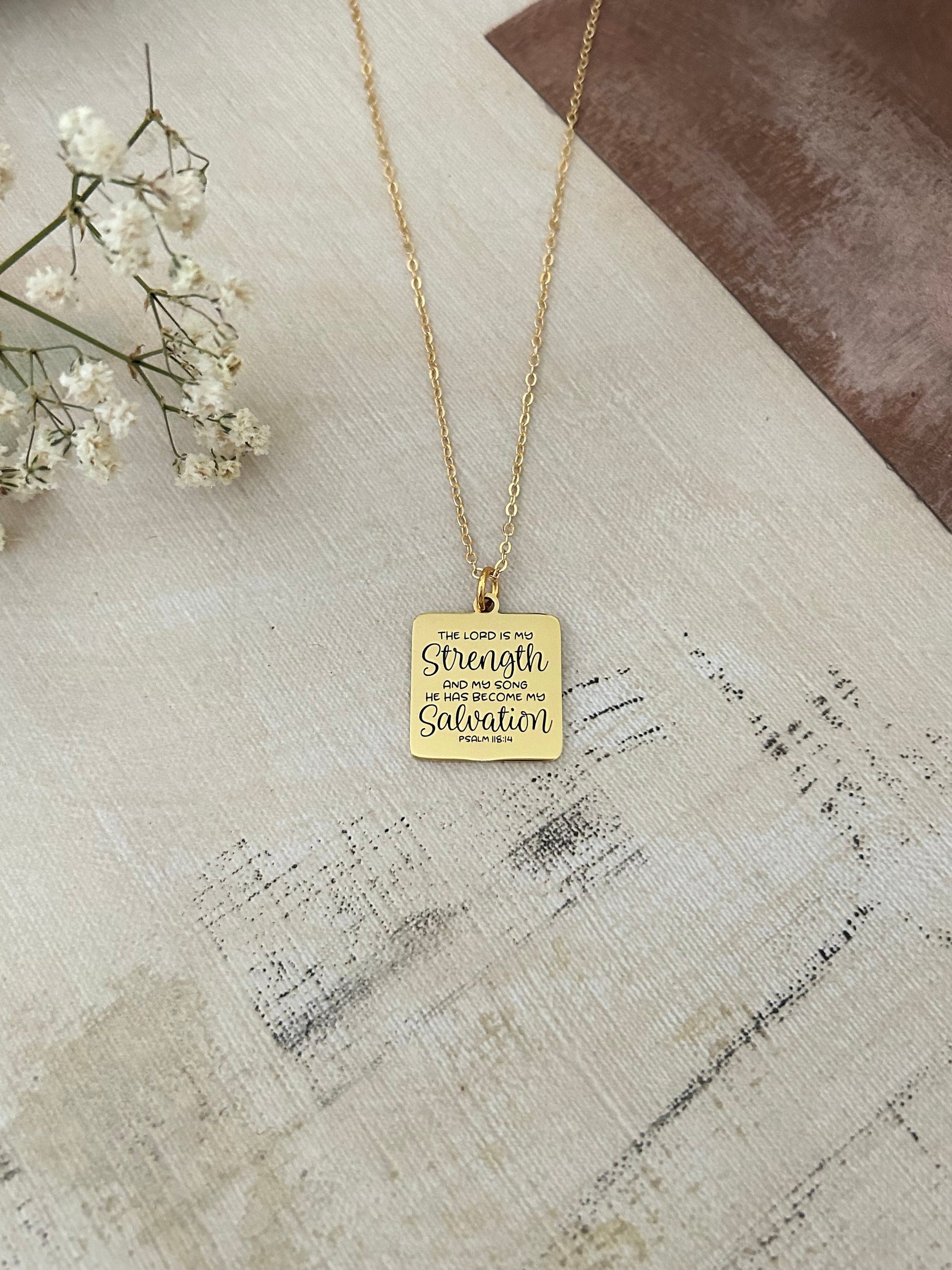 The Lord is My Strength Bible Verse Necklace, Psalm 118:14, Christian Gifts, Scripture Jewelry, Motivational Gifts, Prayer Necklace