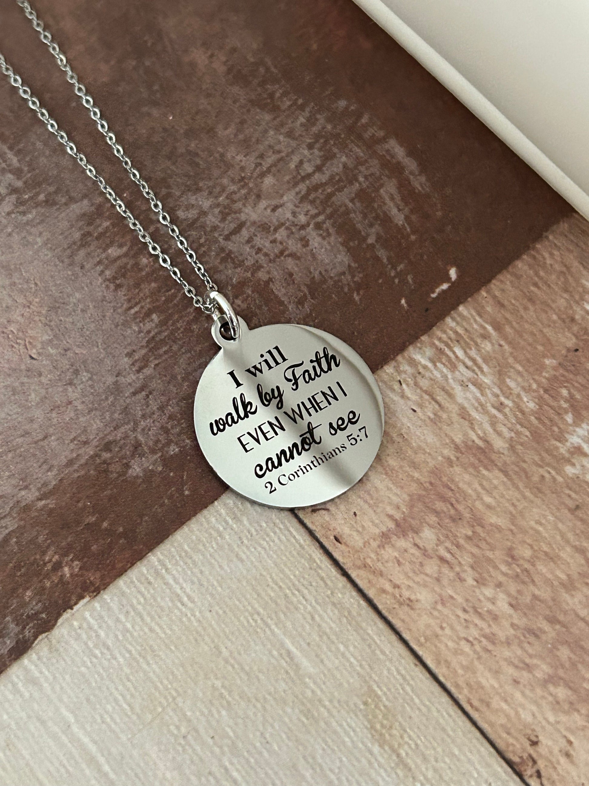 I will walk by faith Bible Verse Necklace, Christian Gifts, Scripture Jewelry, 2 Corinthians 5:7, Faith Jewelry, Engraved Silver Necklace