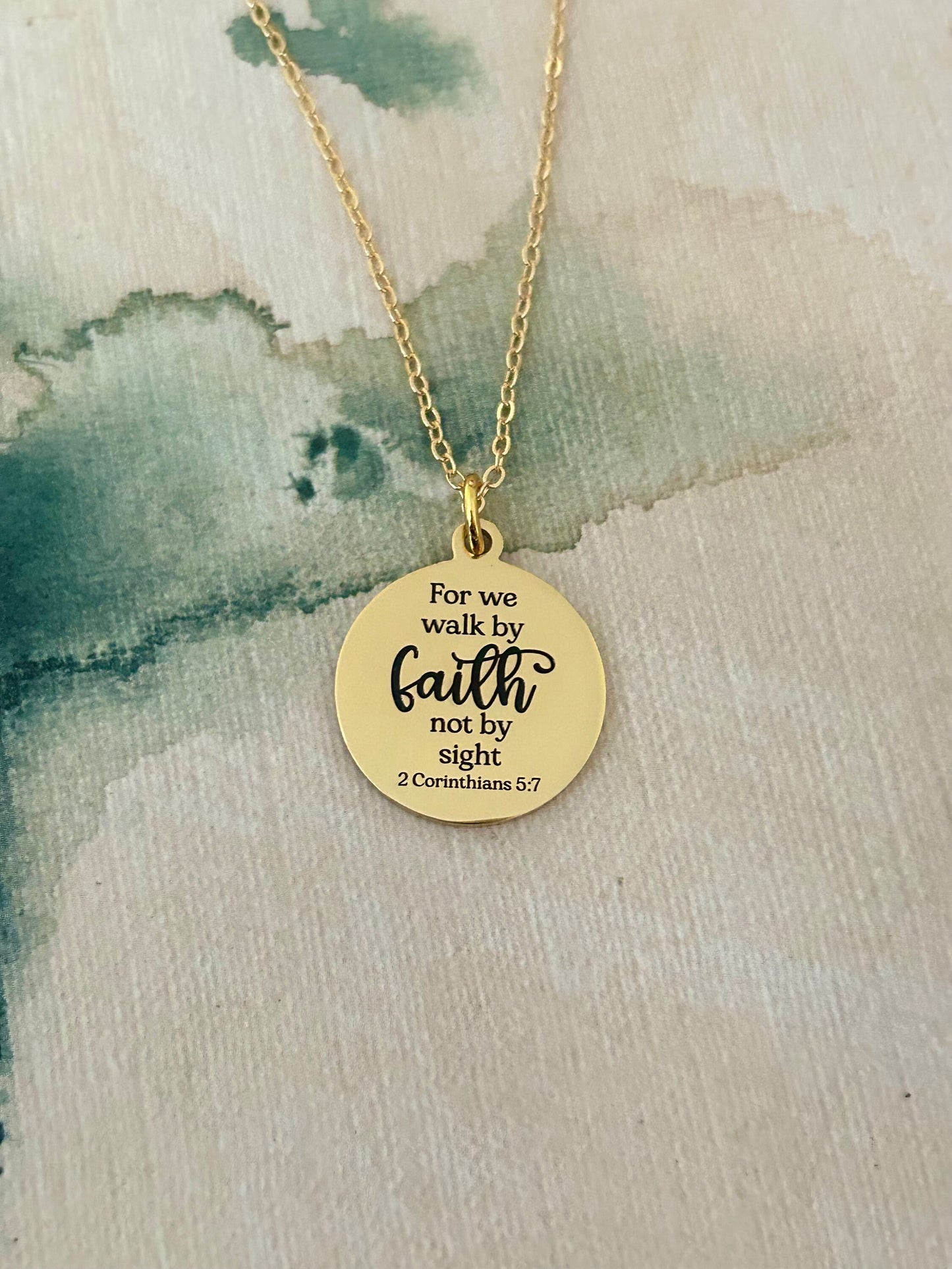 For we walk by faith not by sight Bible Verse Necklace, Christian Gifts, Scripture Jewelry, Engraved Faith Charm, Baptism Gift, Gift for Mom