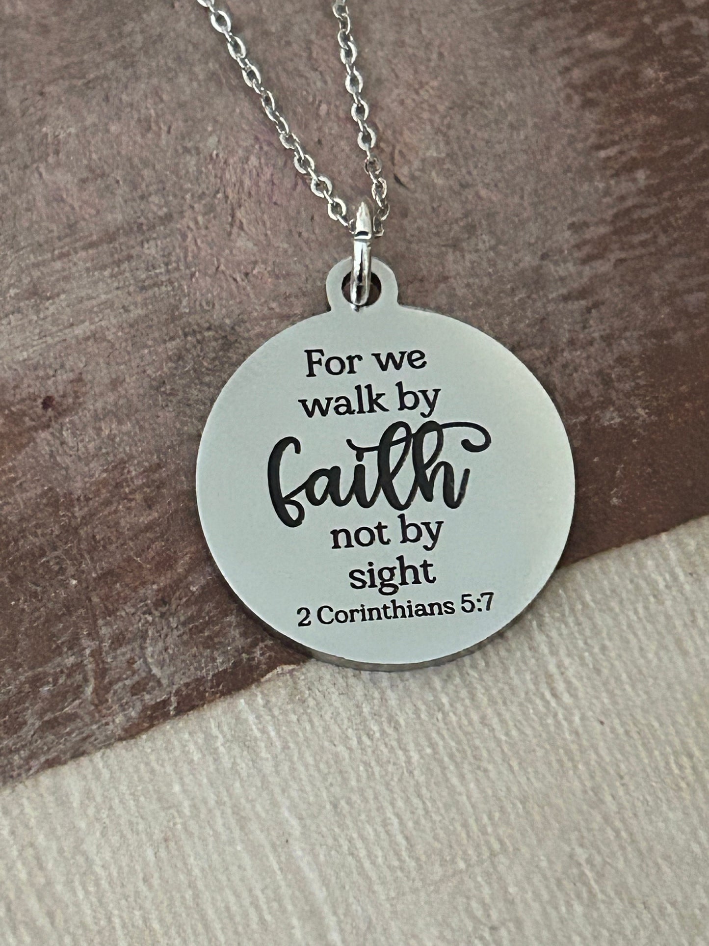 For we walk by faith not by sight Bible Verse Necklace, Christian Gifts, Scripture Jewelry, Engraved Faith Charm, Baptism Gift, Gift for Mom