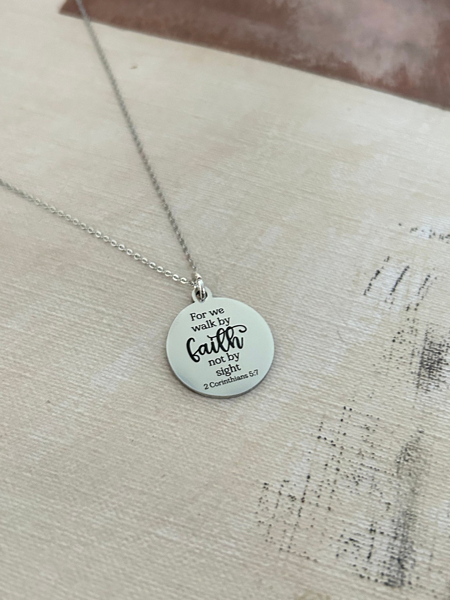 For we walk by faith not by sight Bible Verse Necklace, Christian Gifts, Scripture Jewelry, Engraved Faith Charm, Baptism Gift, Gift for Mom