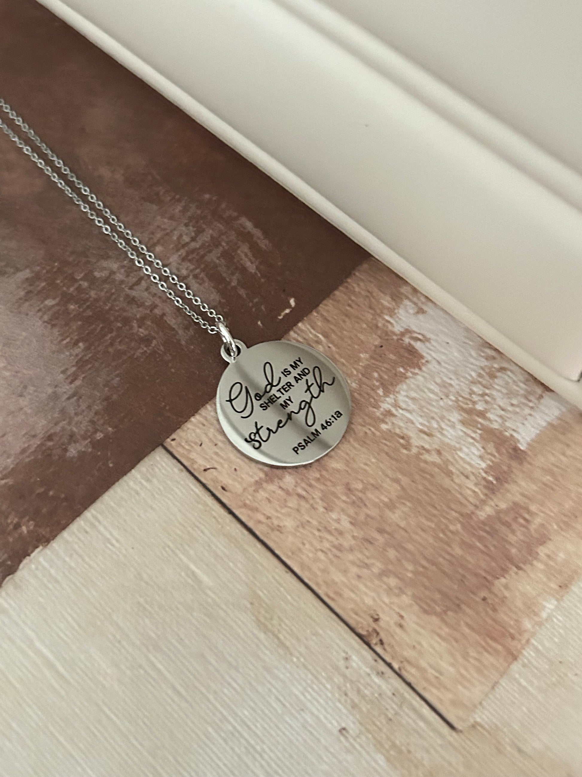 God is My Shelter and my Strength Bible Verse silver Necklace, Psalm 46:1, Christian Jewelry Gifts, Scripture Personalized engraved Necklace