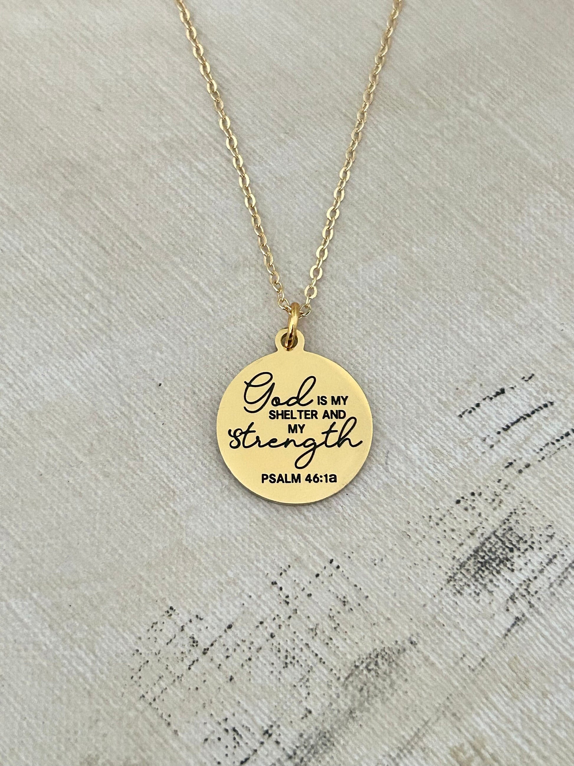 God is My Shelter and my Strength Bible Verse Necklace, Psalm 46:1, Christian Jewelry Gifts, Scripture Pendant Charms, 16K Gold Plated