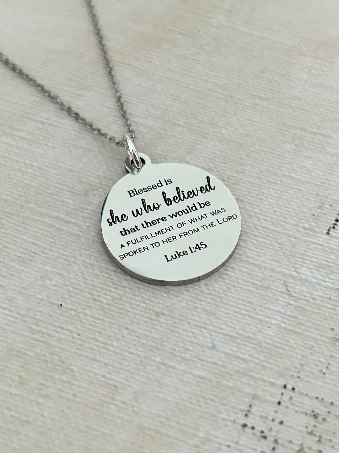 Blessed is She who believed Bible Verse Necklace, Christian Faith Gifts, Scripture Jewelry, Luke 1:45, Motivational Gifts, Gifts for Mom