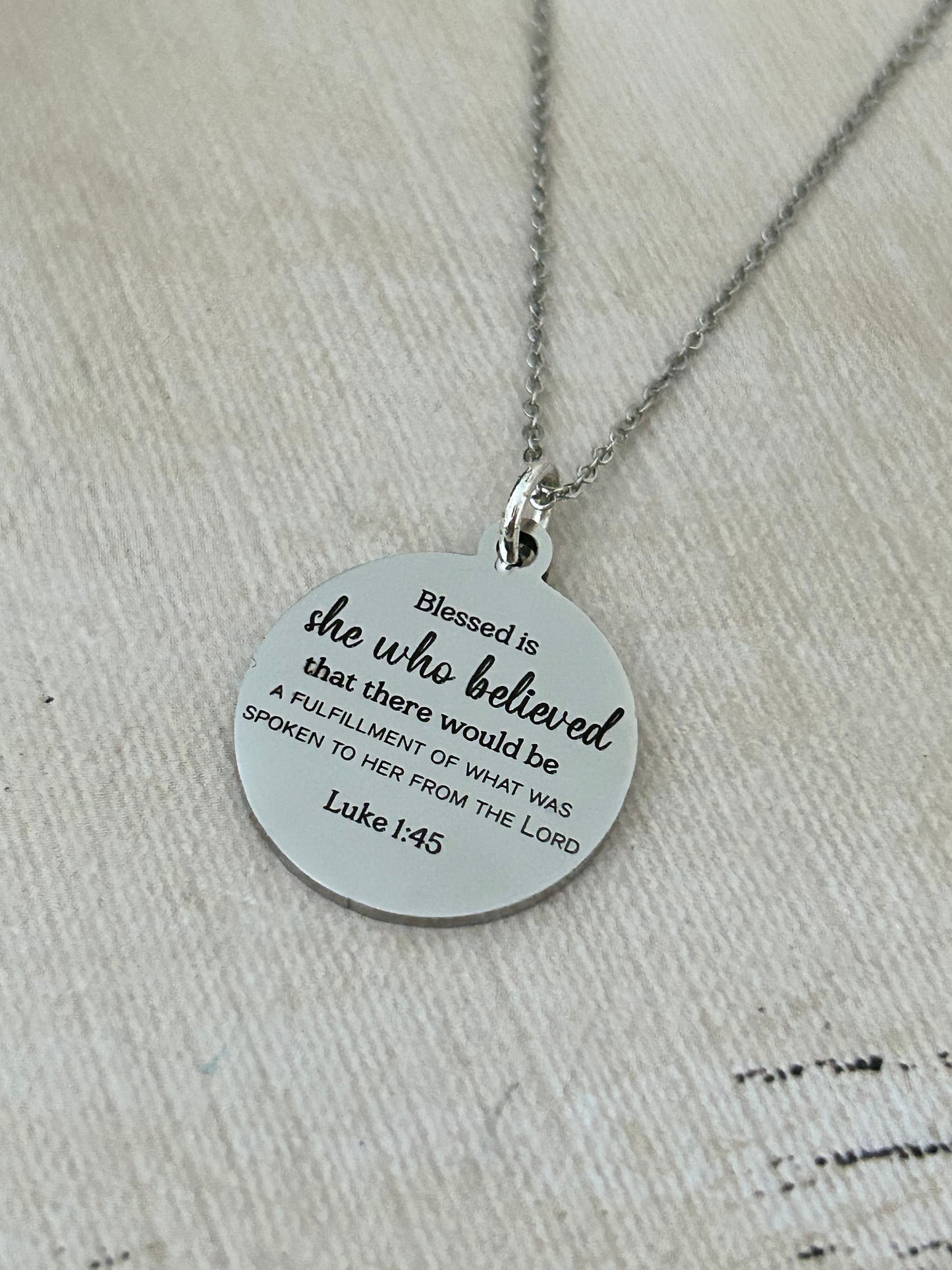 Blessed is She who believed Bible Verse Necklace, Christian Faith Gifts, Scripture Jewelry, Luke 1:45, Motivational Gifts, Gifts for Mom