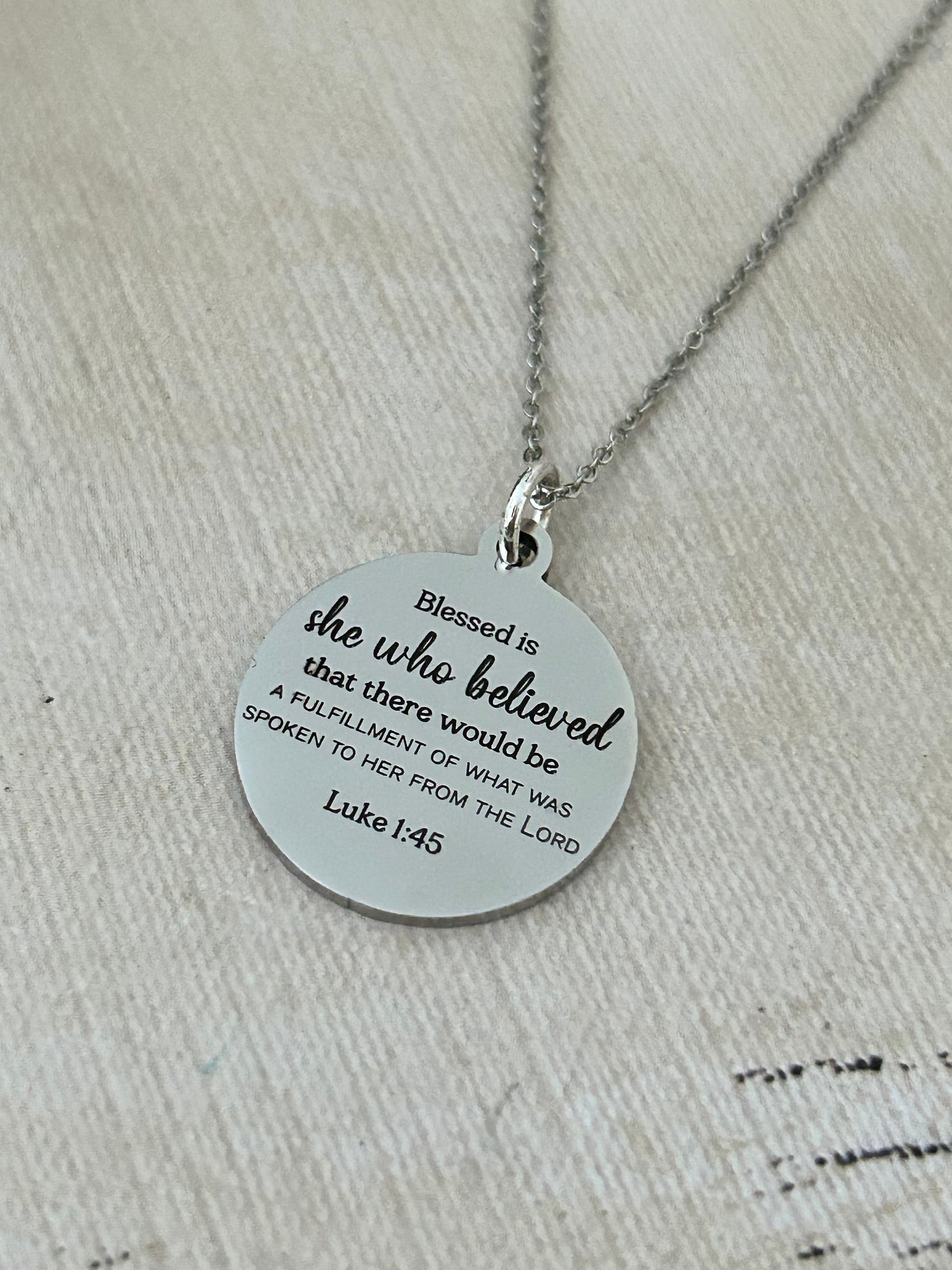 Blessed is She who believed Bible Verse Necklace, Christian Faith Gifts, Scripture Jewelry, Luke 1:45, Motivational Gifts, Gifts for Mom