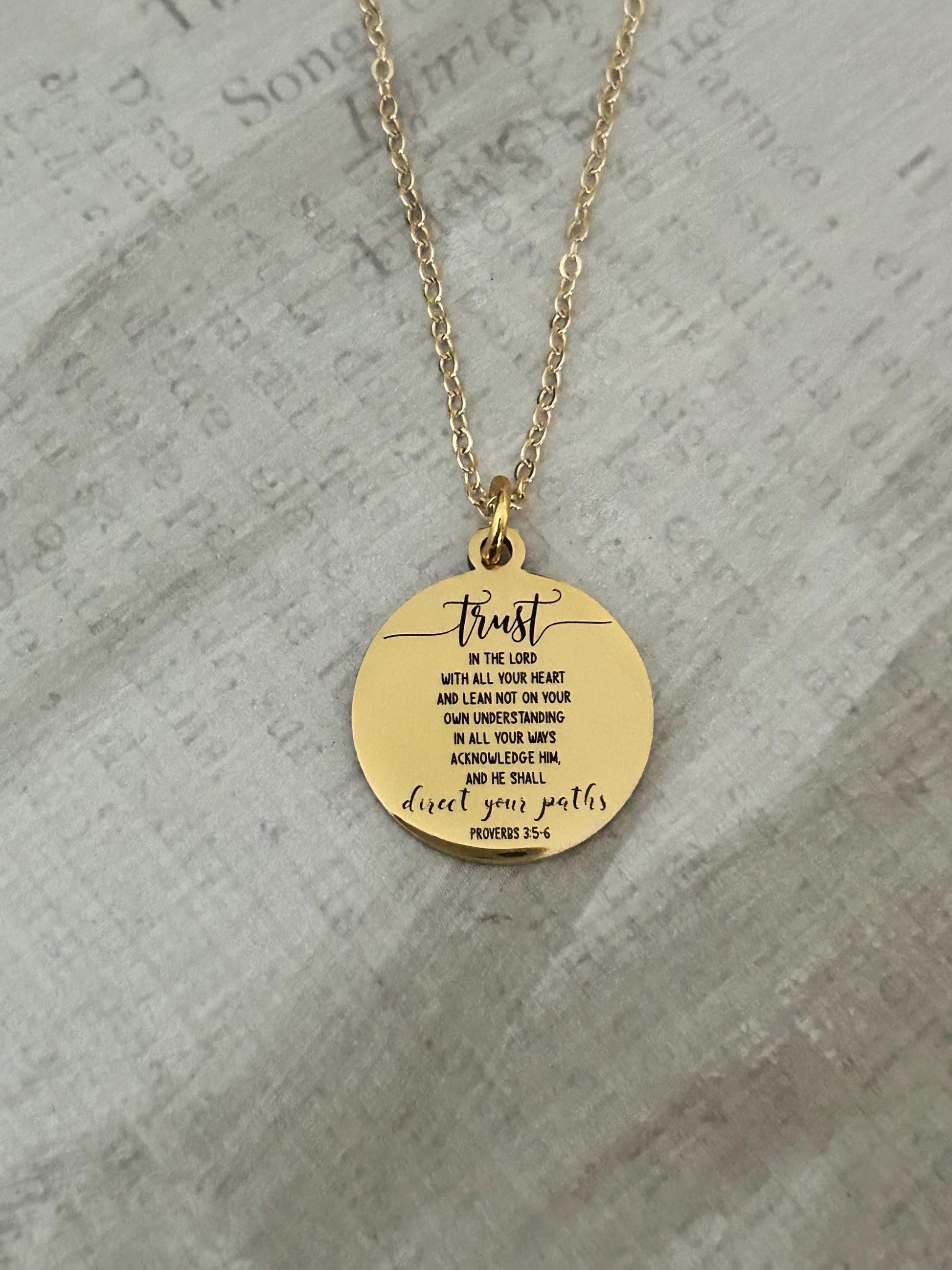 Trust in The Lord Bible Verse Necklace, Proverbs 3:5, Christian Gifts, Scripture Jewelry, Gifts for Mom, Motivational Gifts, Faith Charms