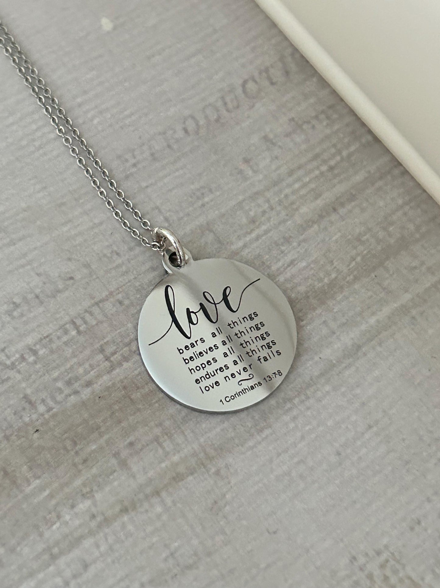 Love Never Fails Bible Verse silver Necklace, Christian Gifts, Scripture Necklace, Wedding Gift, Love Jewelry, Corinthians 13:7-8