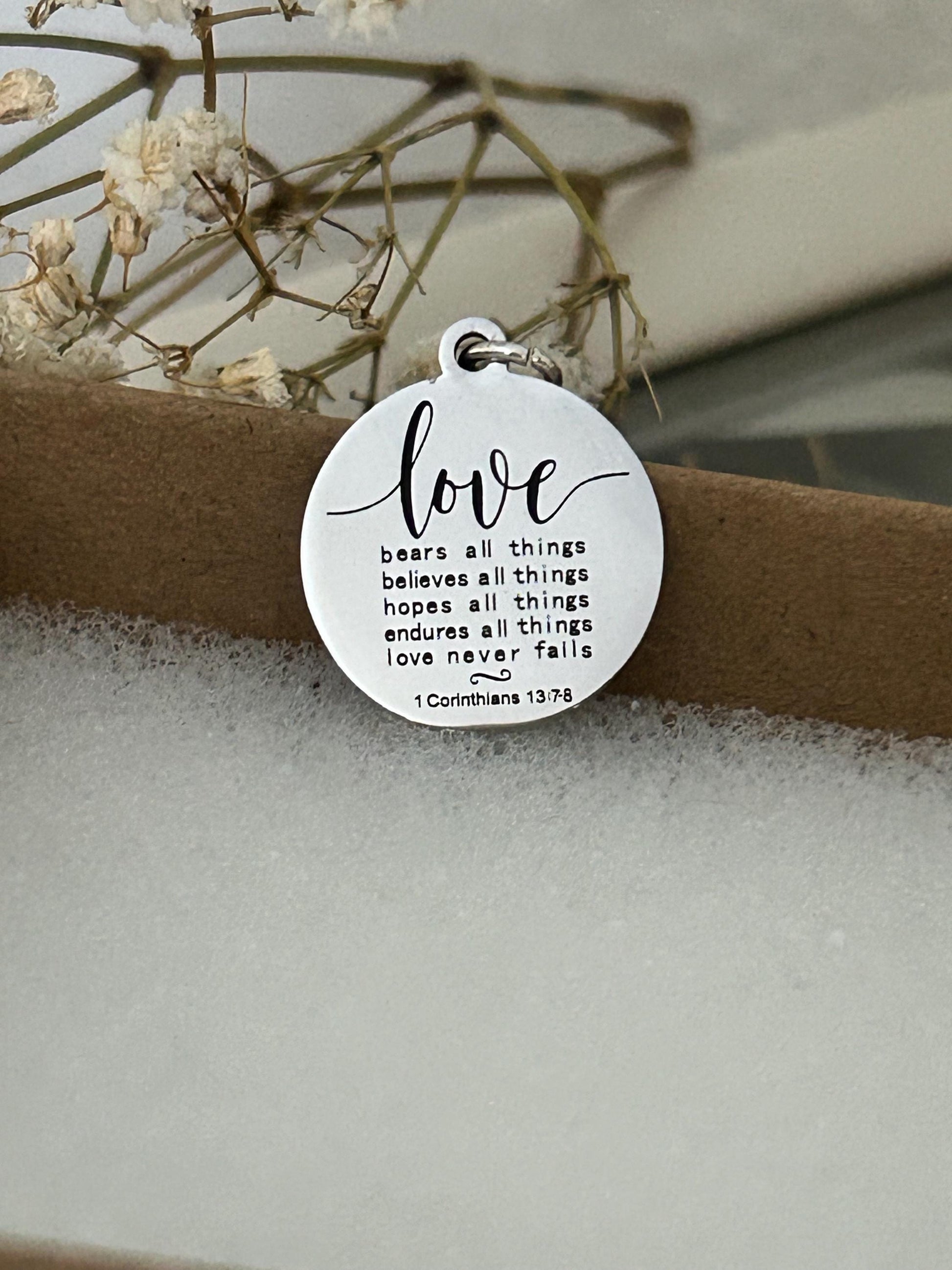 Love Never Fails Bible Verse silver Necklace, Christian Gifts, Scripture Necklace, Wedding Gift, Love Jewelry, Corinthians 13:7-8