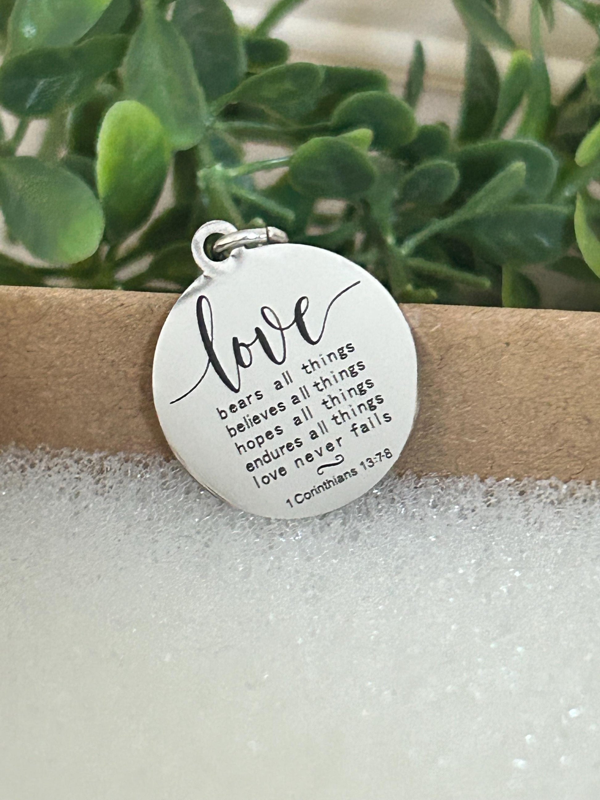 Love Never Fails Bible Verse silver Necklace, Christian Gifts, Scripture Necklace, Wedding Gift, Love Jewelry, Corinthians 13:7-8