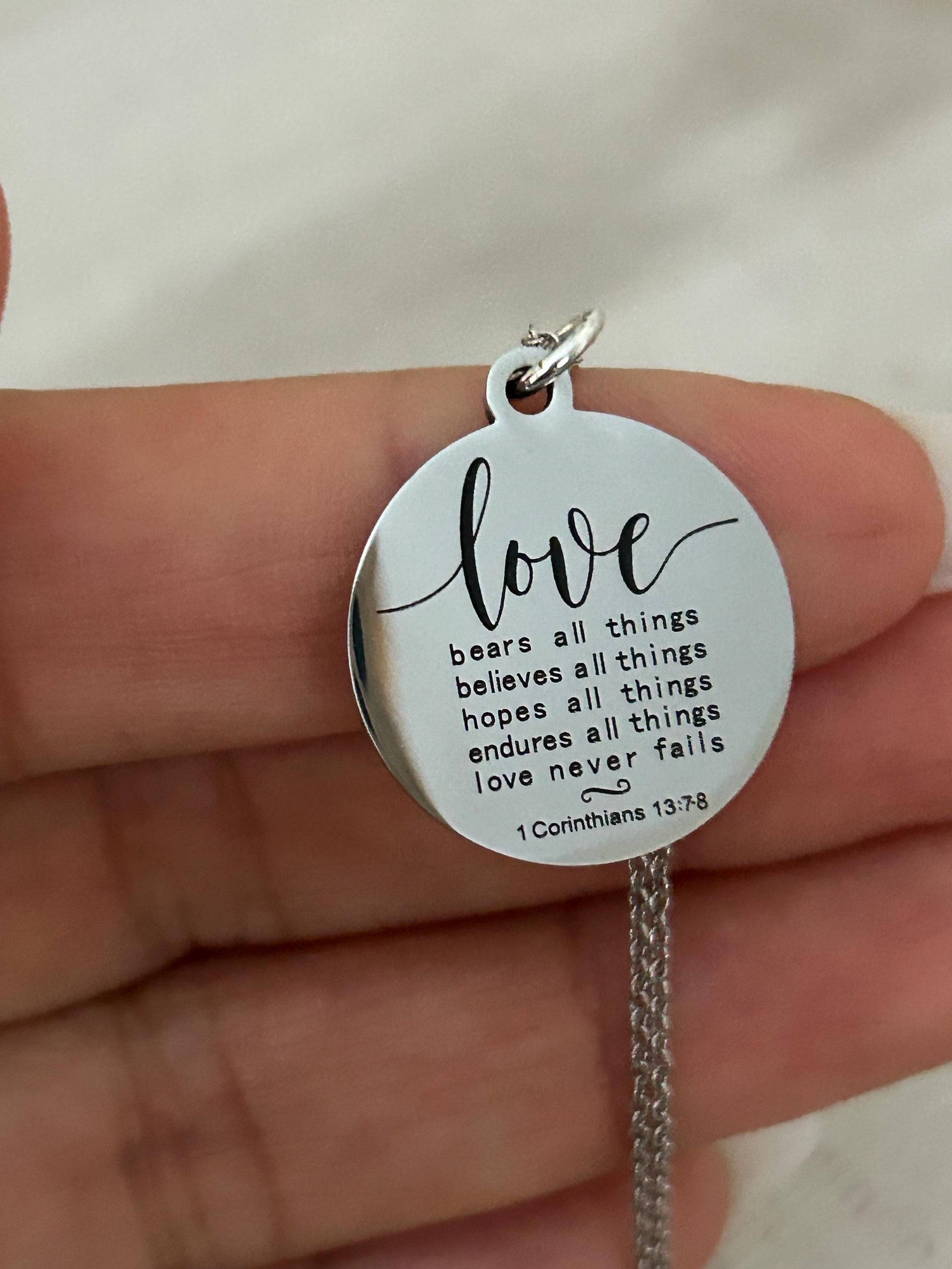 Love Never Fails Necklace: Christian Scripture Stainless Steel Pendant