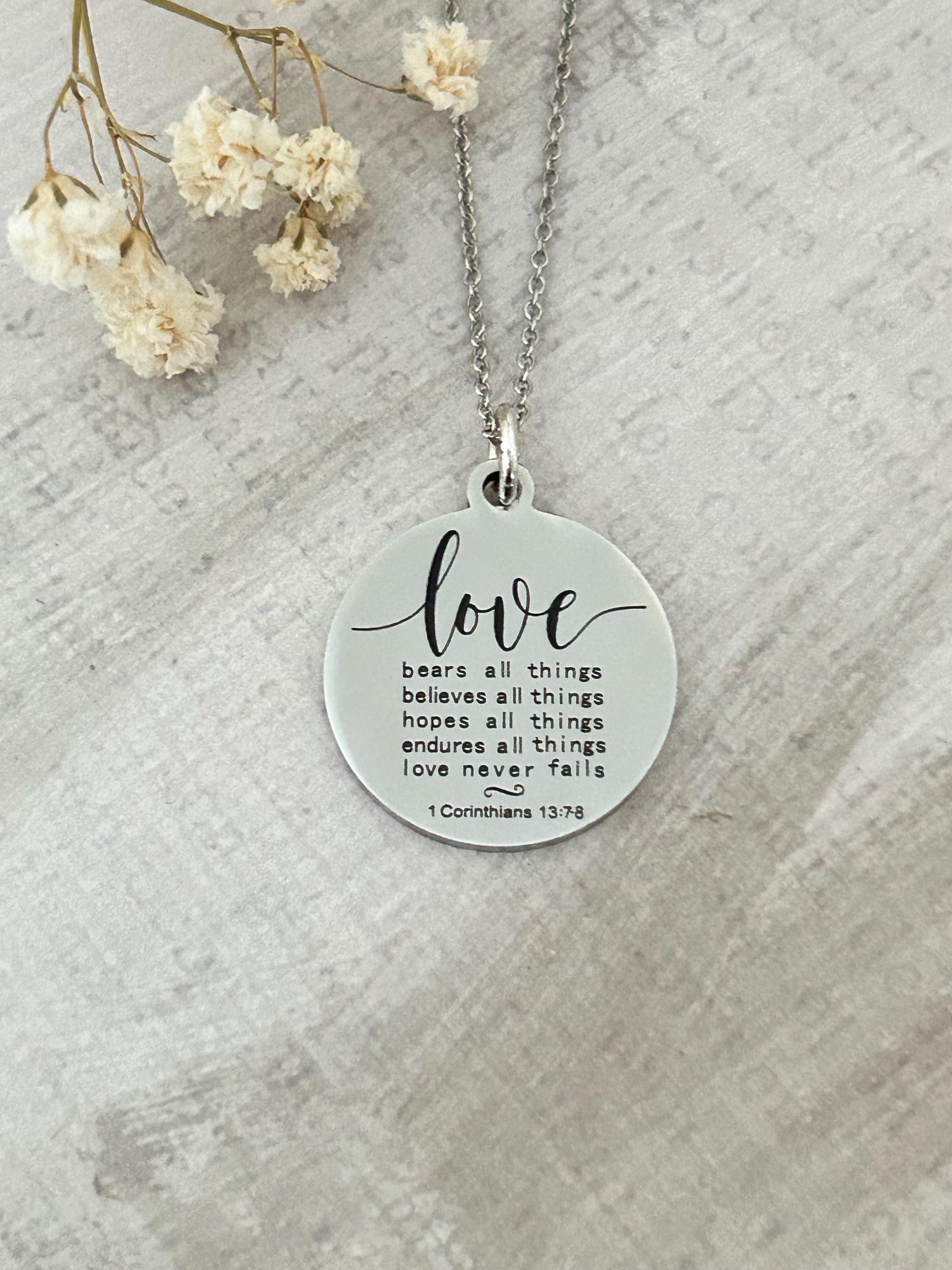 Love Never Fails Bible Verse silver Necklace, Christian Gifts, Scripture Necklace, Wedding Gift, Love Jewelry, Corinthians 13:7-8