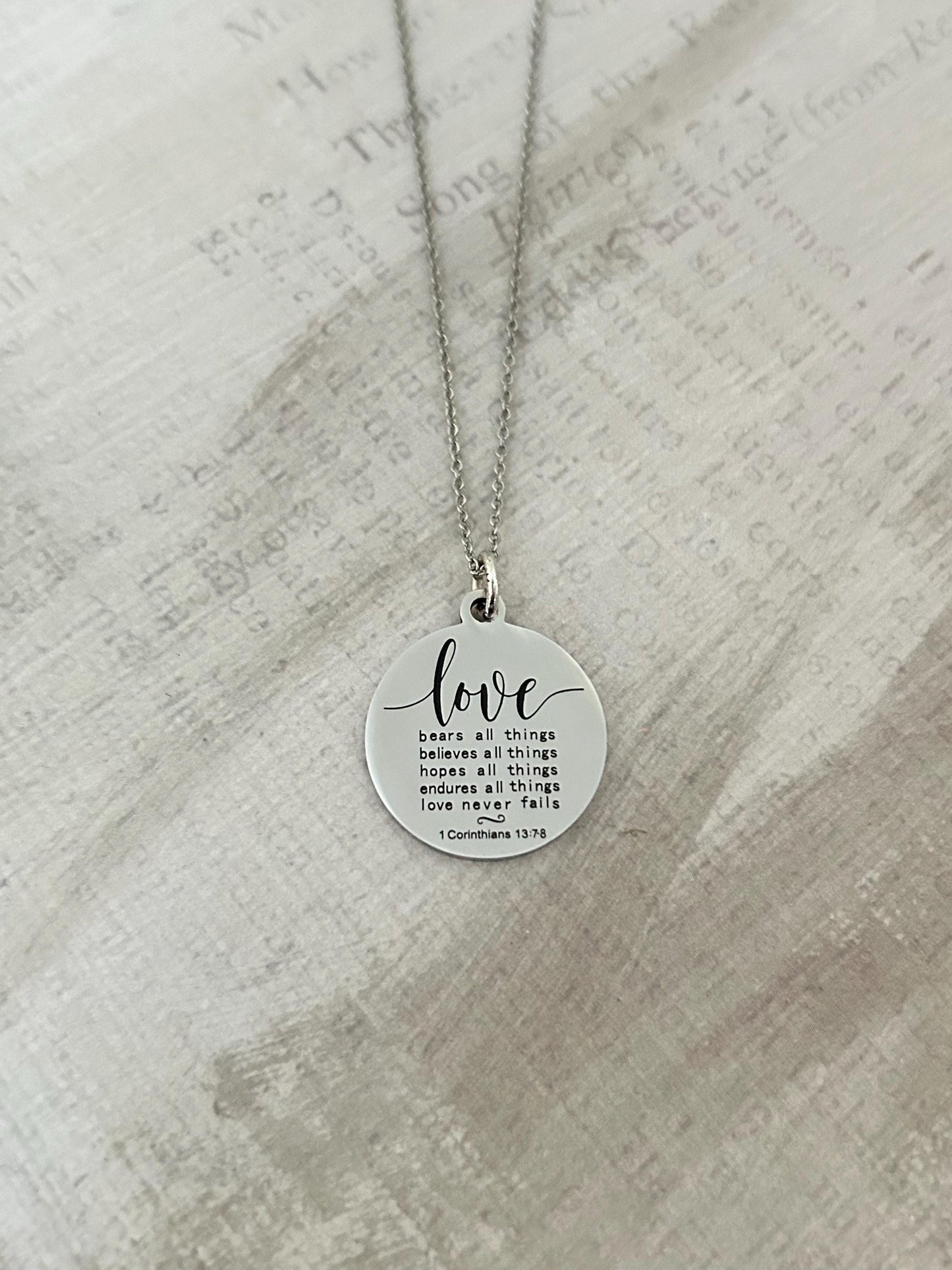 Love Never Fails Bible Verse silver Necklace, Christian Gifts, Scripture Necklace, Wedding Gift, Love Jewelry, Corinthians 13:7-8