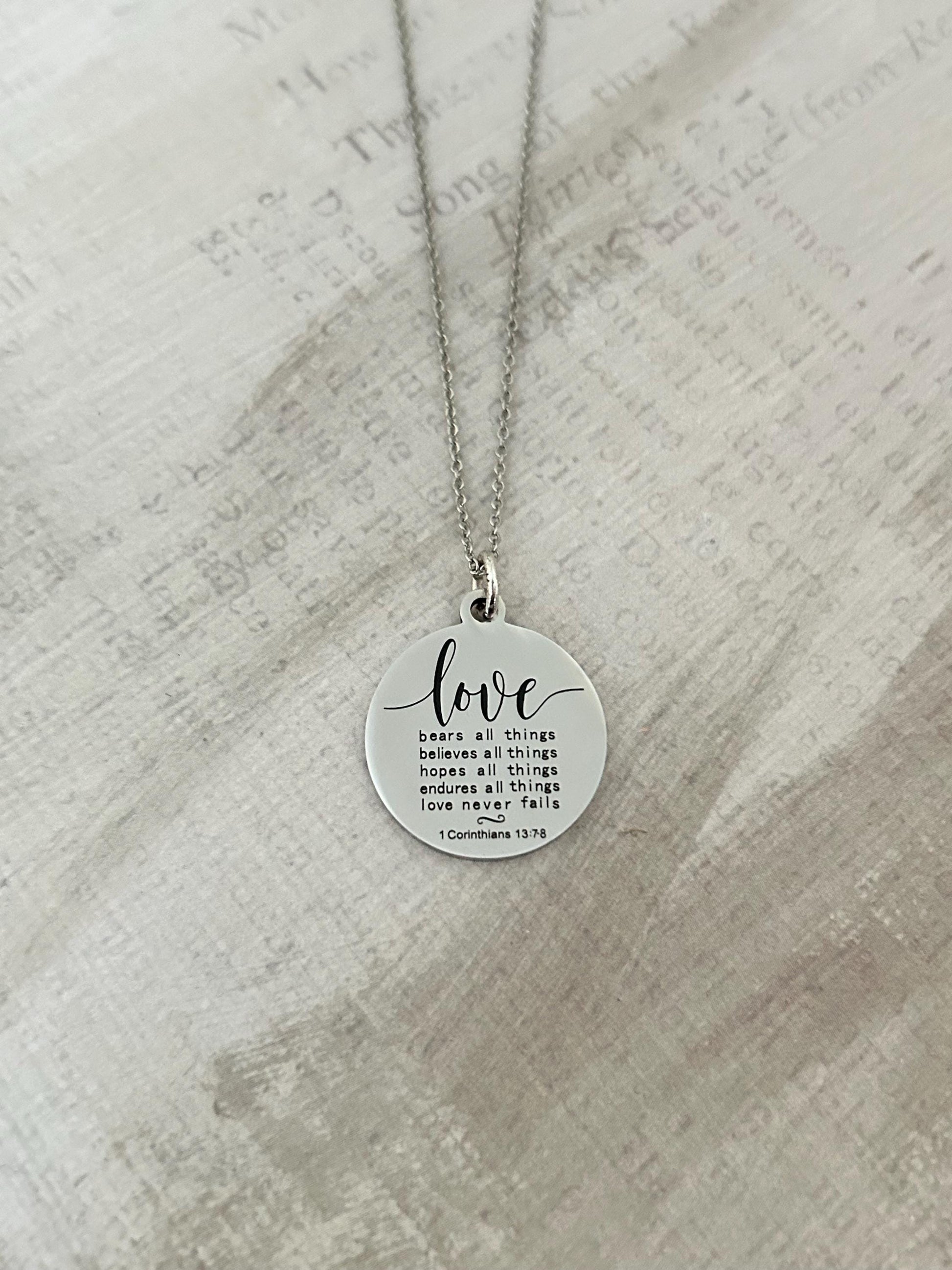 Love Never Fails Bible Verse silver Necklace, Christian Gifts, Scripture Necklace, Wedding Gift, Love Jewelry, Corinthians 13:7-8