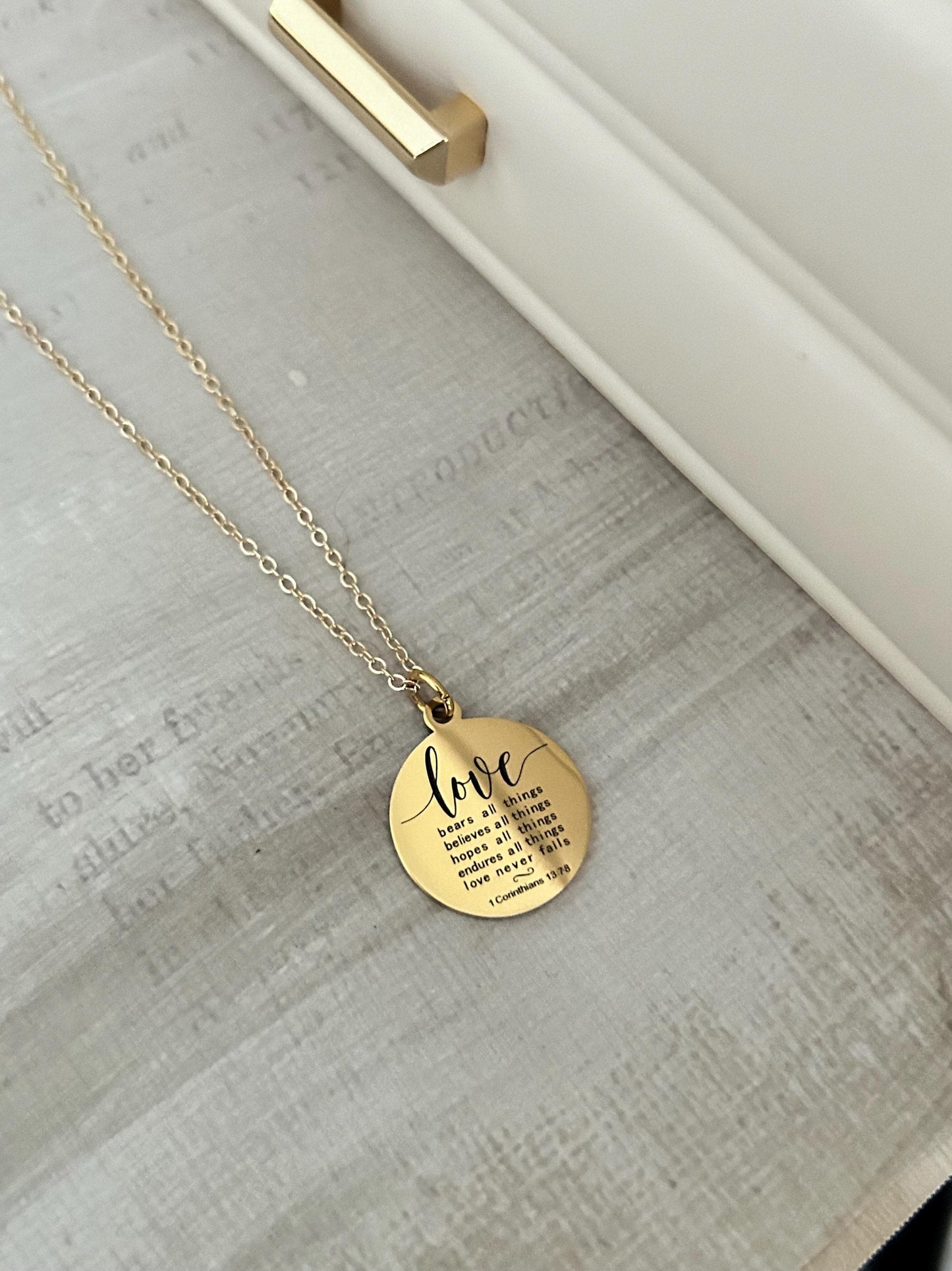 Love Never Fails Bible Verse Necklace, Christian Gifts, Scripture Necklace, Wedding Gift, Love Jewelry, Corinthians 13:7-8, 16K Gold Plated