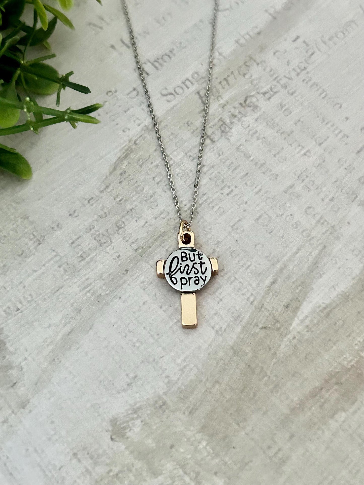 Dainty Gold Cross Necklace engraved with But First Pray, Christian Jewelry, Pray Pendant, faith gift, Pray Necklace