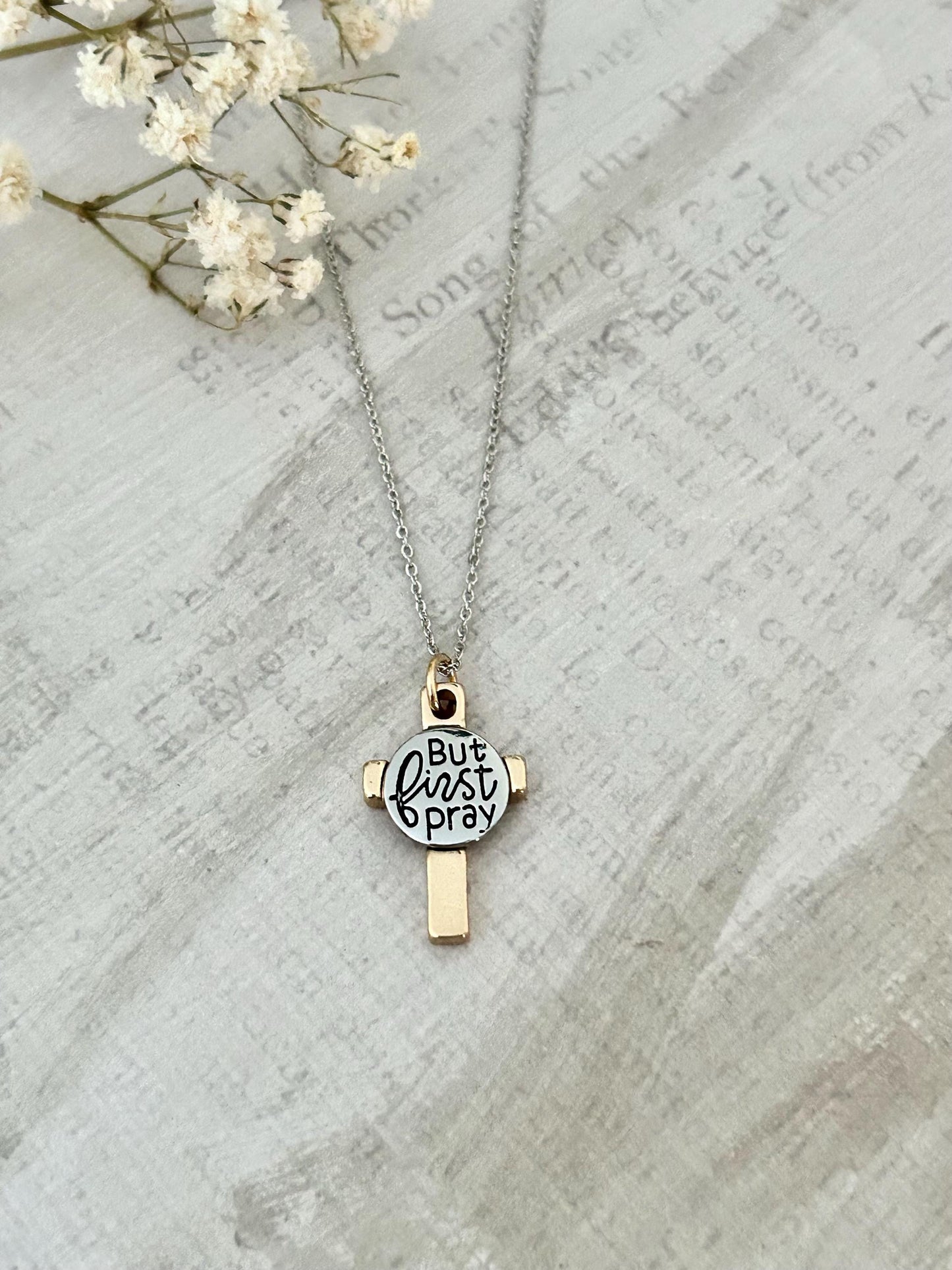 Dainty Gold Cross Necklace engraved with But First Pray, Christian Jewelry, Pray Pendant, faith gift, Pray Necklace