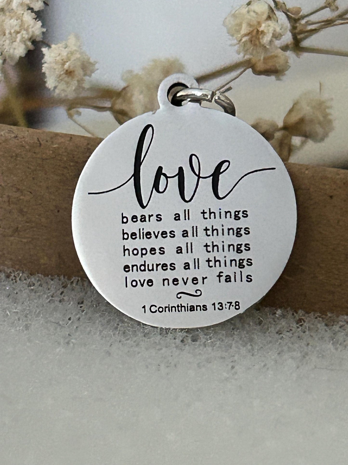 Love Never Fails Bible Verse silver Necklace, Christian Gifts, Scripture Necklace, Wedding Gift, Love Jewelry, Corinthians 13:7-8